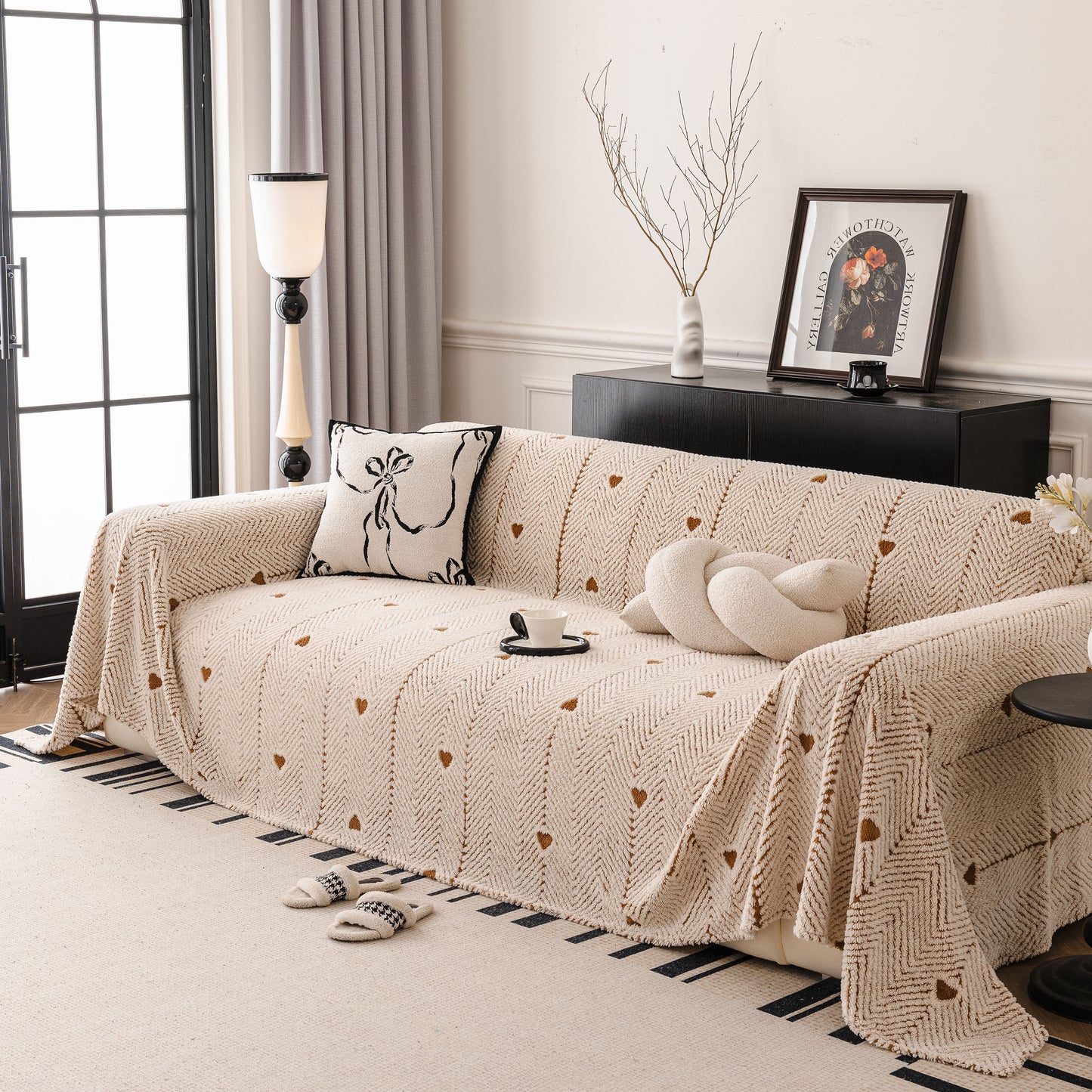 Thick Plush Sofa Cover Throw for Couch, 3D Textured Herringbone Washable Slipcover