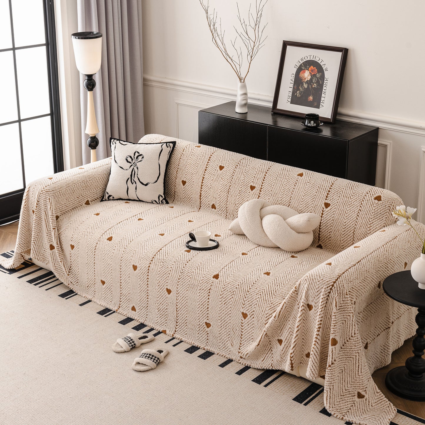 Thick Plush Sofa Cover Throw for Couch, 3D Textured Herringbone Washable Slipcover