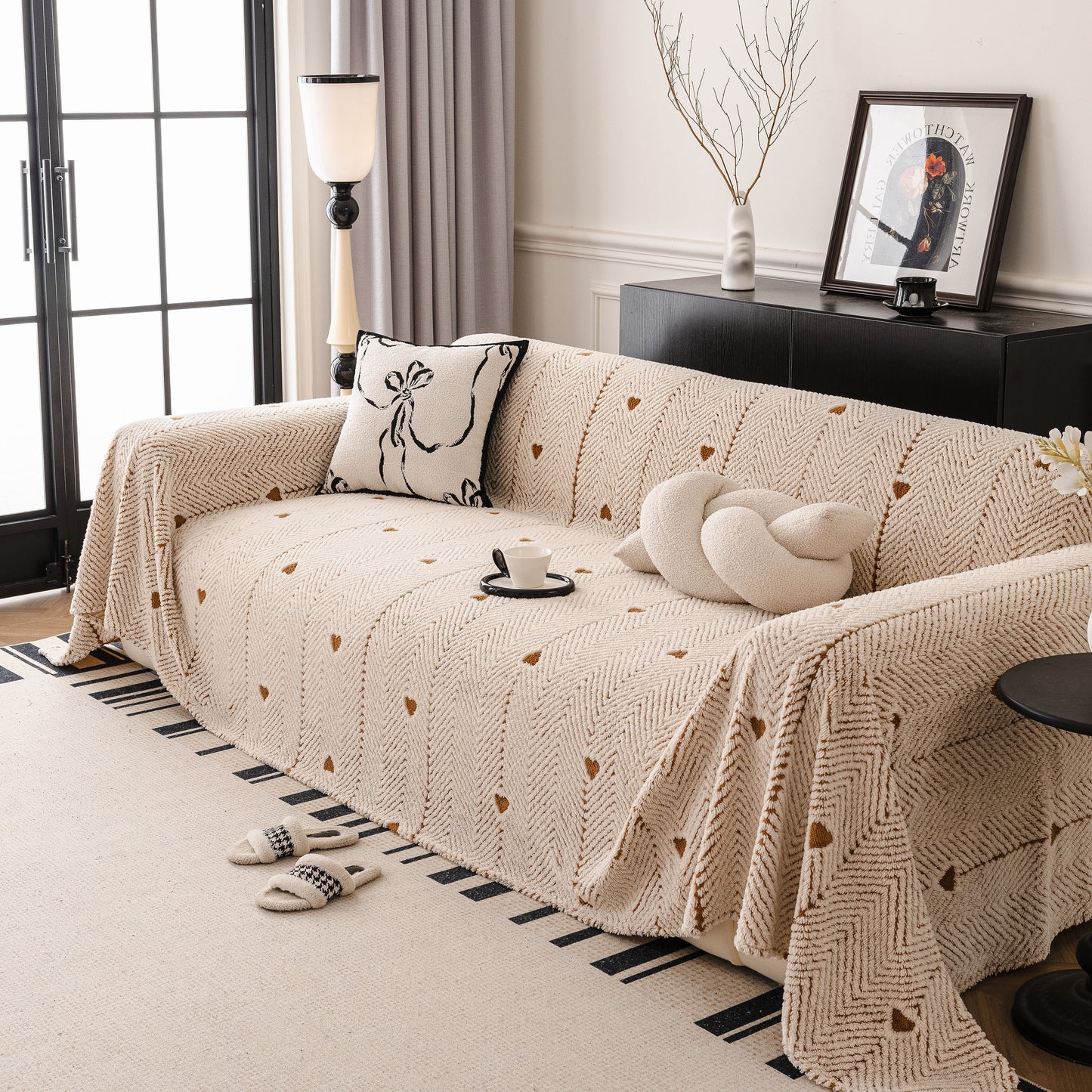 Thick Plush Sofa Cover Throw for Couch, 3D Textured Herringbone Washable Slipcover