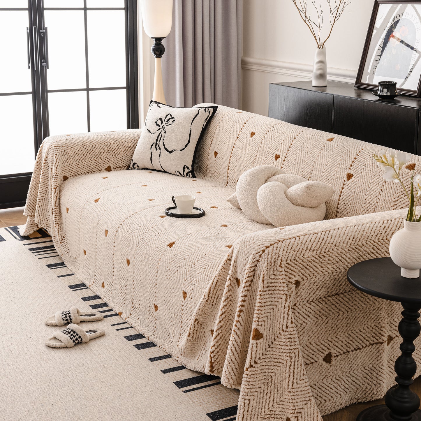 Thick Plush Sofa Cover Throw for Couch, 3D Textured Herringbone Washable Slipcover