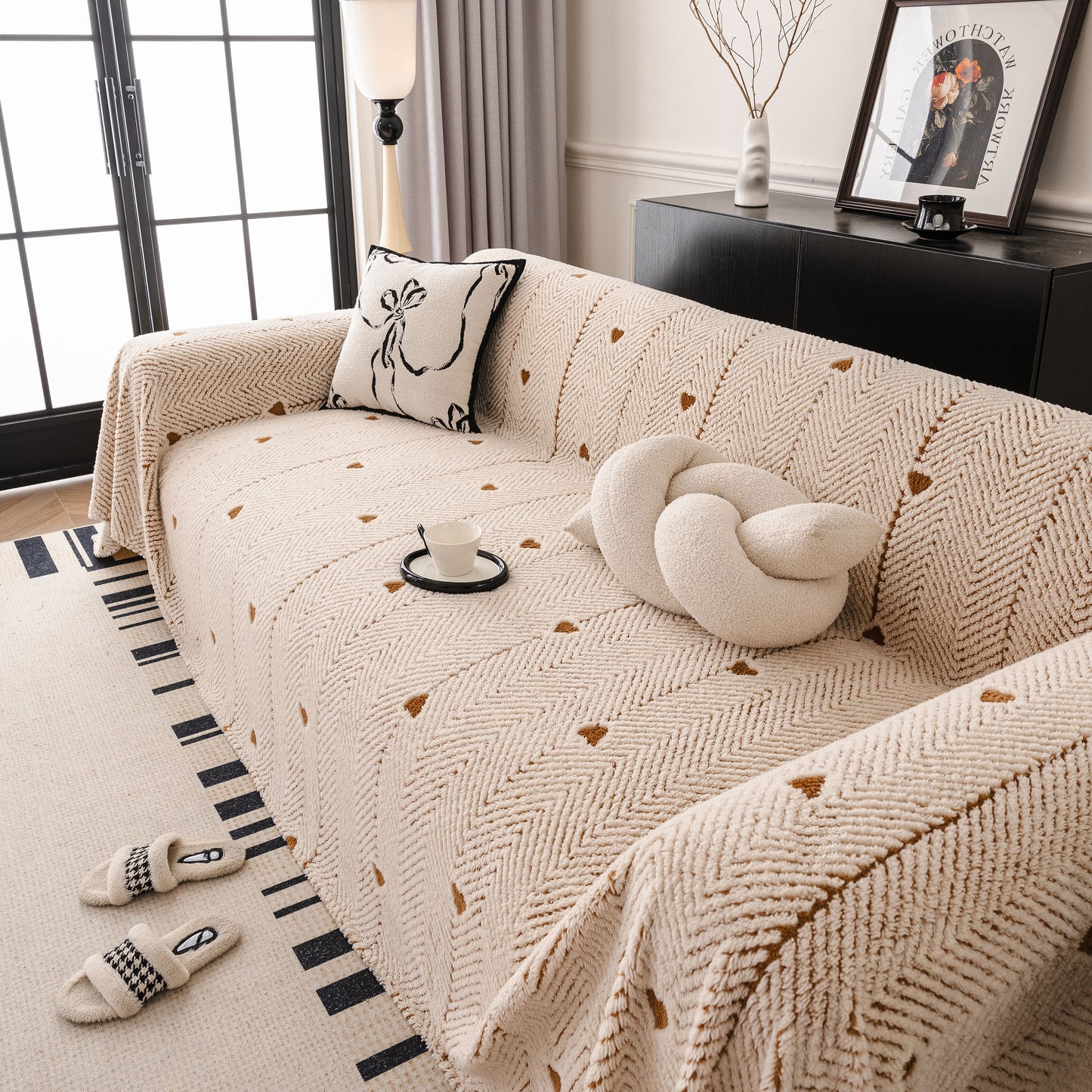 Thick Plush Sofa Cover Throw for Couch, 3D Textured Herringbone Washable Slipcover