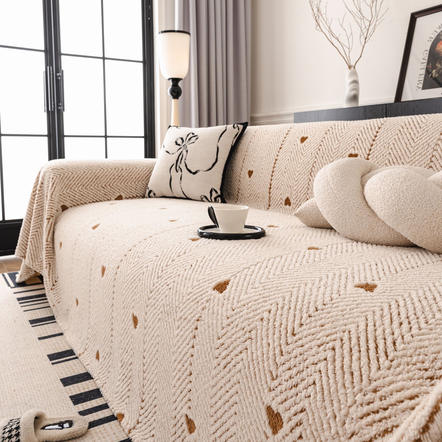 Thick Plush Sofa Cover Throw for Couch, 3D Textured Herringbone Washable Slipcover