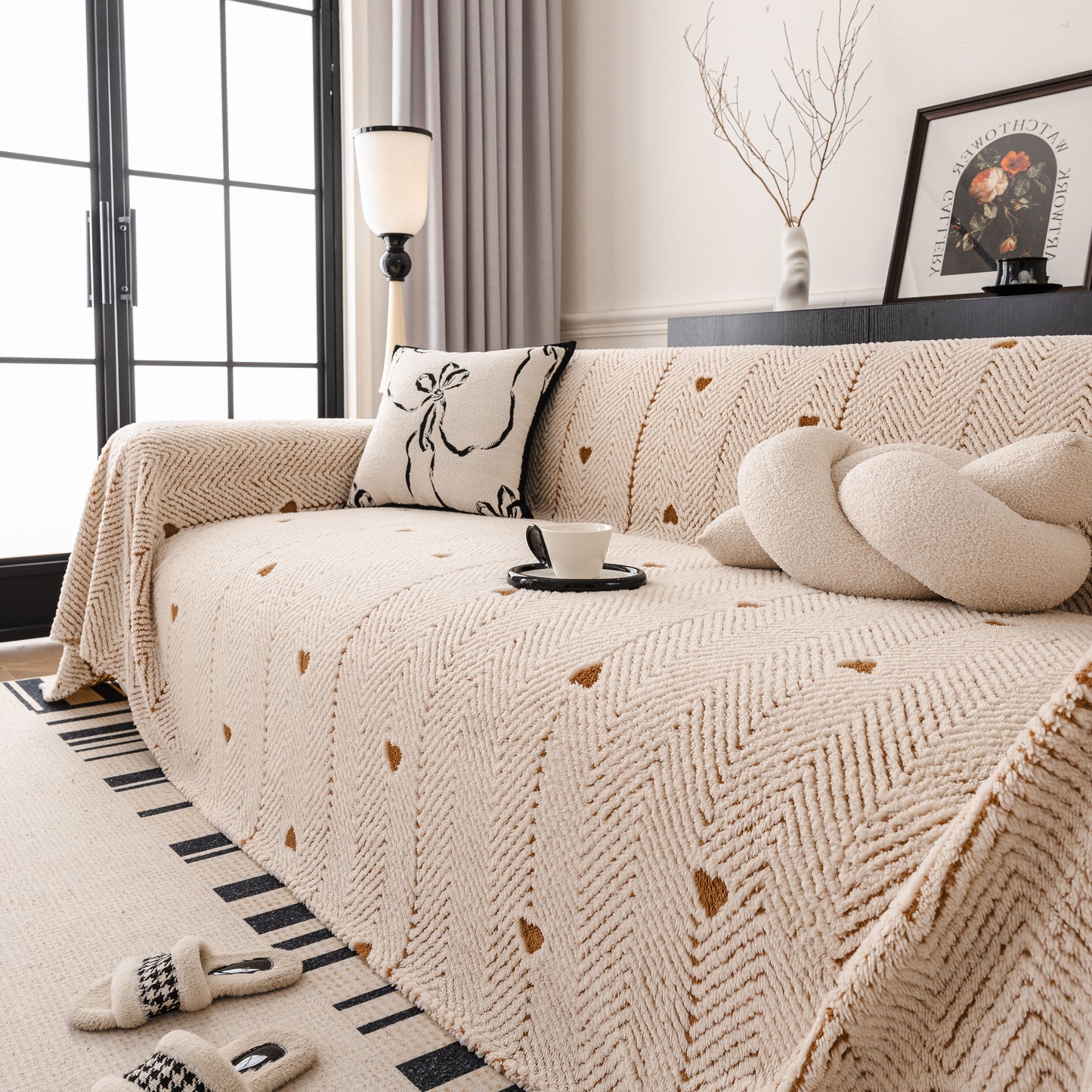 Thick Plush Sofa Cover Throw for Couch, 3D Textured Herringbone Washable Slipcover