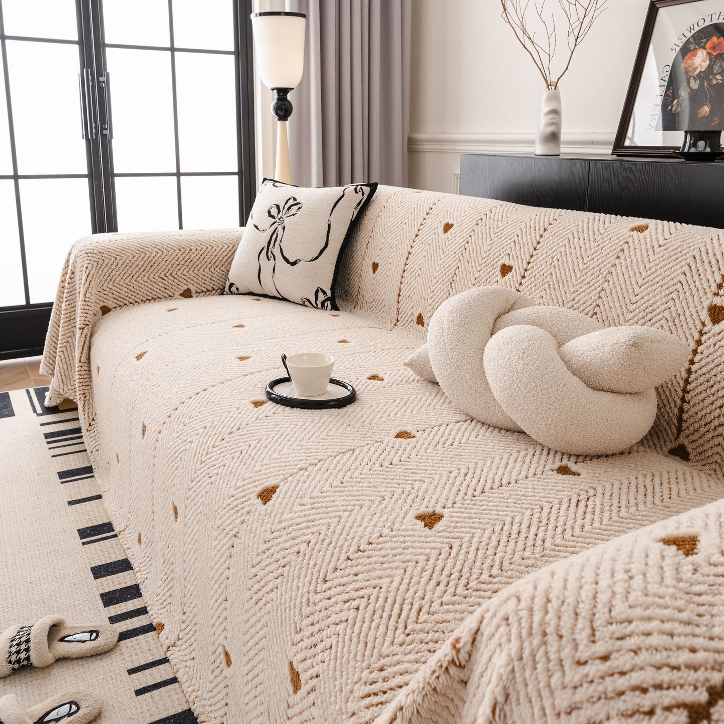 Thick Plush Sofa Cover Throw for Couch, 3D Textured Herringbone Washable Slipcover