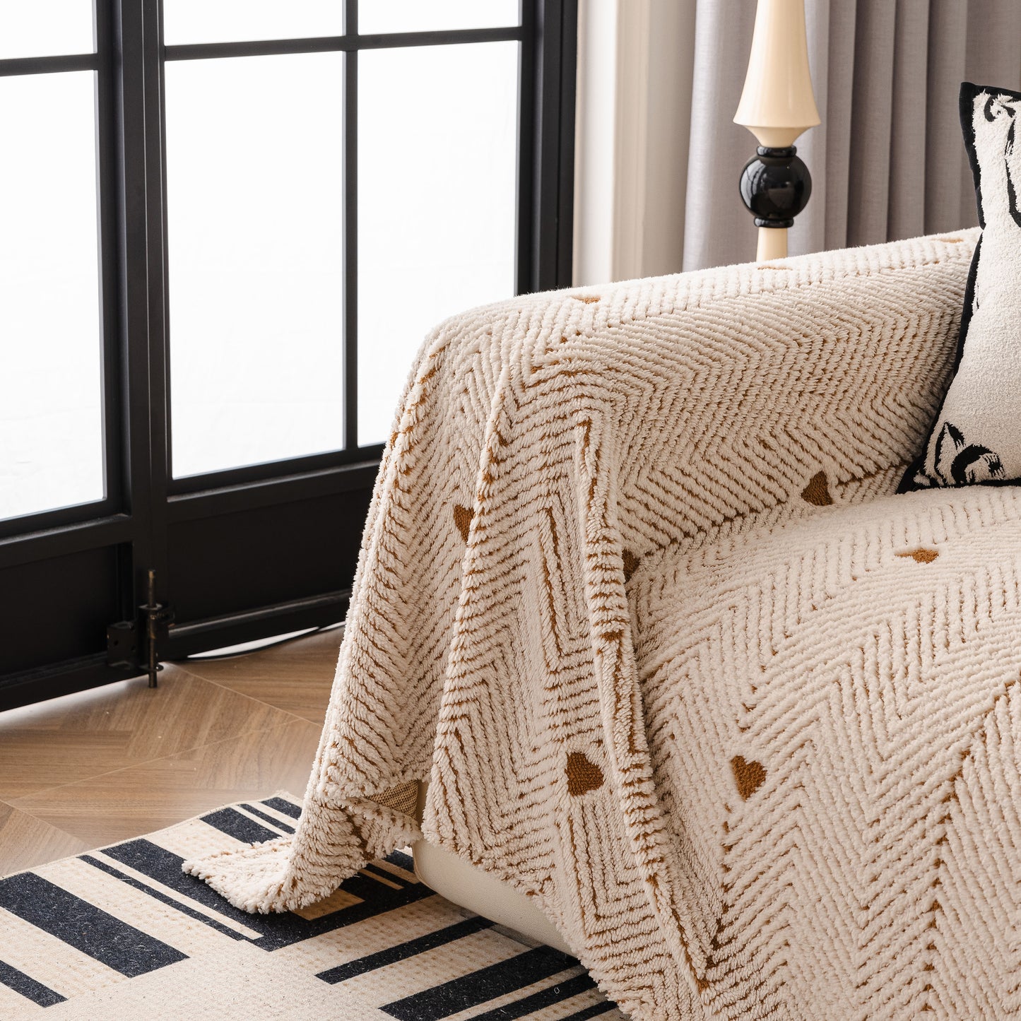 Thick Plush Sofa Cover Throw for Couch, 3D Textured Herringbone Washable Slipcover