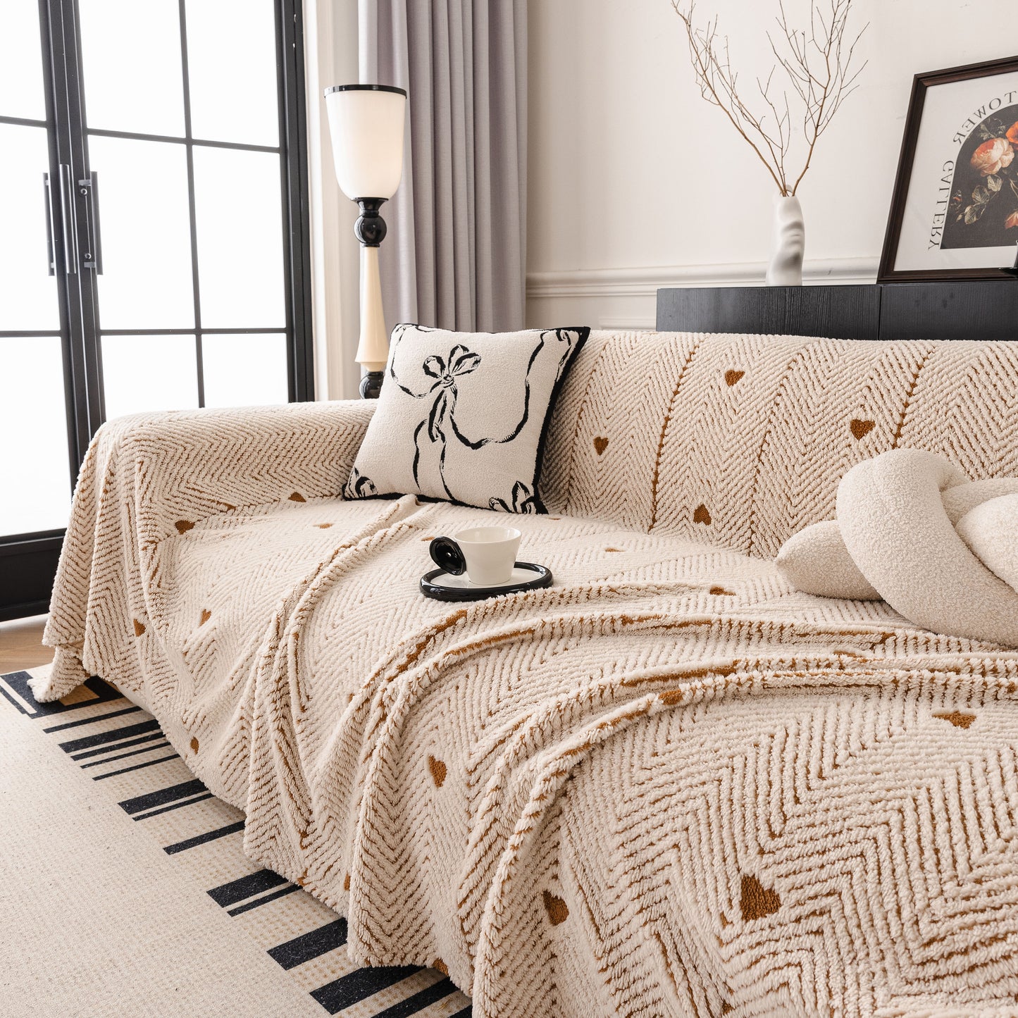 Thick Plush Sofa Cover Throw for Couch, 3D Textured Herringbone Washable Slipcover