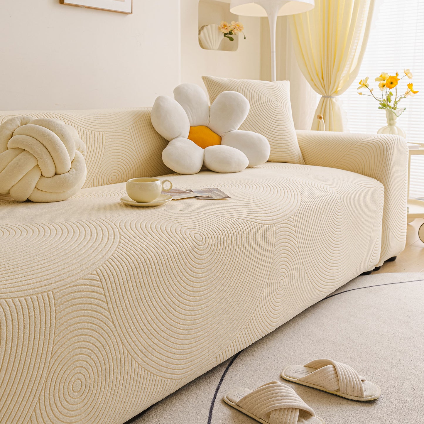 Elastic Stretch Sofa Cover Slipcover, Concentric Circle Jacquard Plush Couch Cover