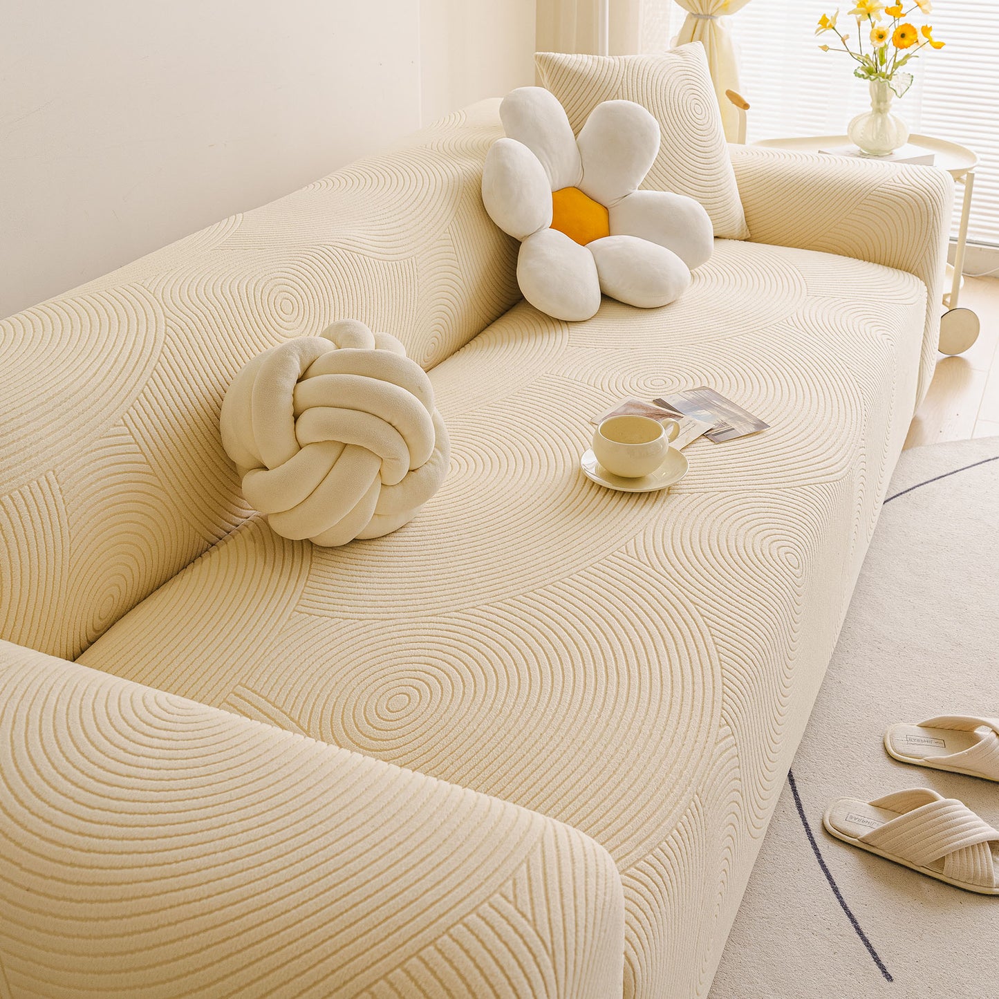 Elastic Stretch Sofa Cover Slipcover, Concentric Circle Jacquard Plush Couch Cover