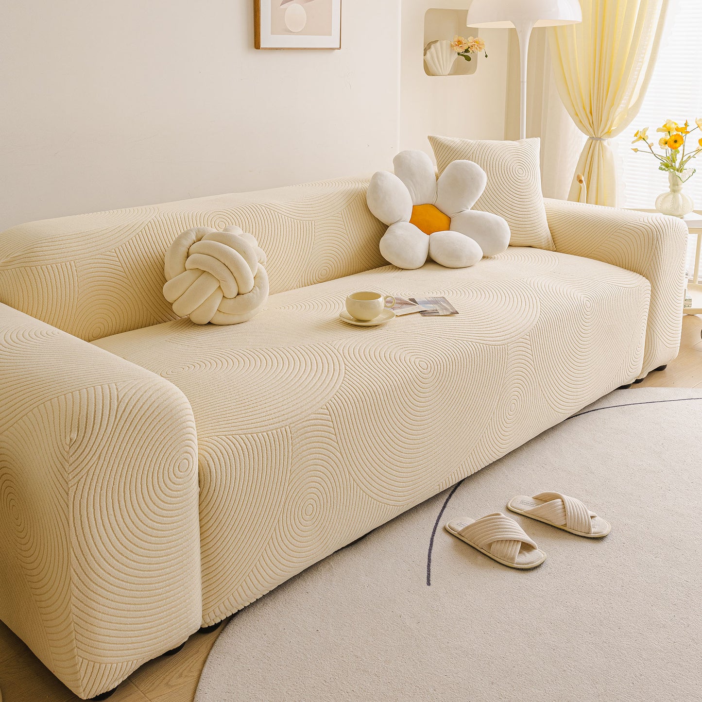 Elastic Stretch Sofa Cover Slipcover, Concentric Circle Jacquard Plush Couch Cover