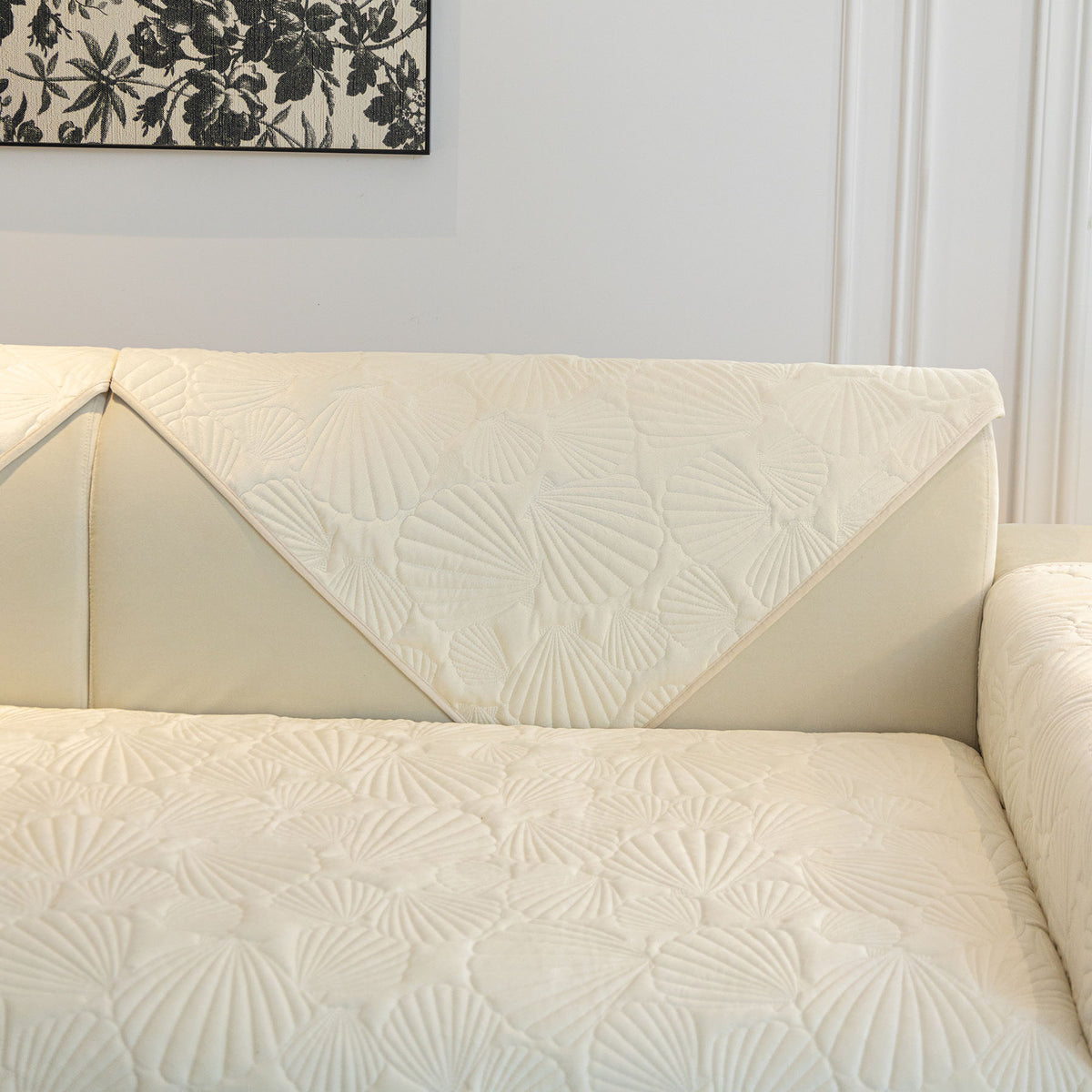 Plush Quilted Padded Sofa Cover, Non-Slip Seashell Couch Protector for Pets & Kids