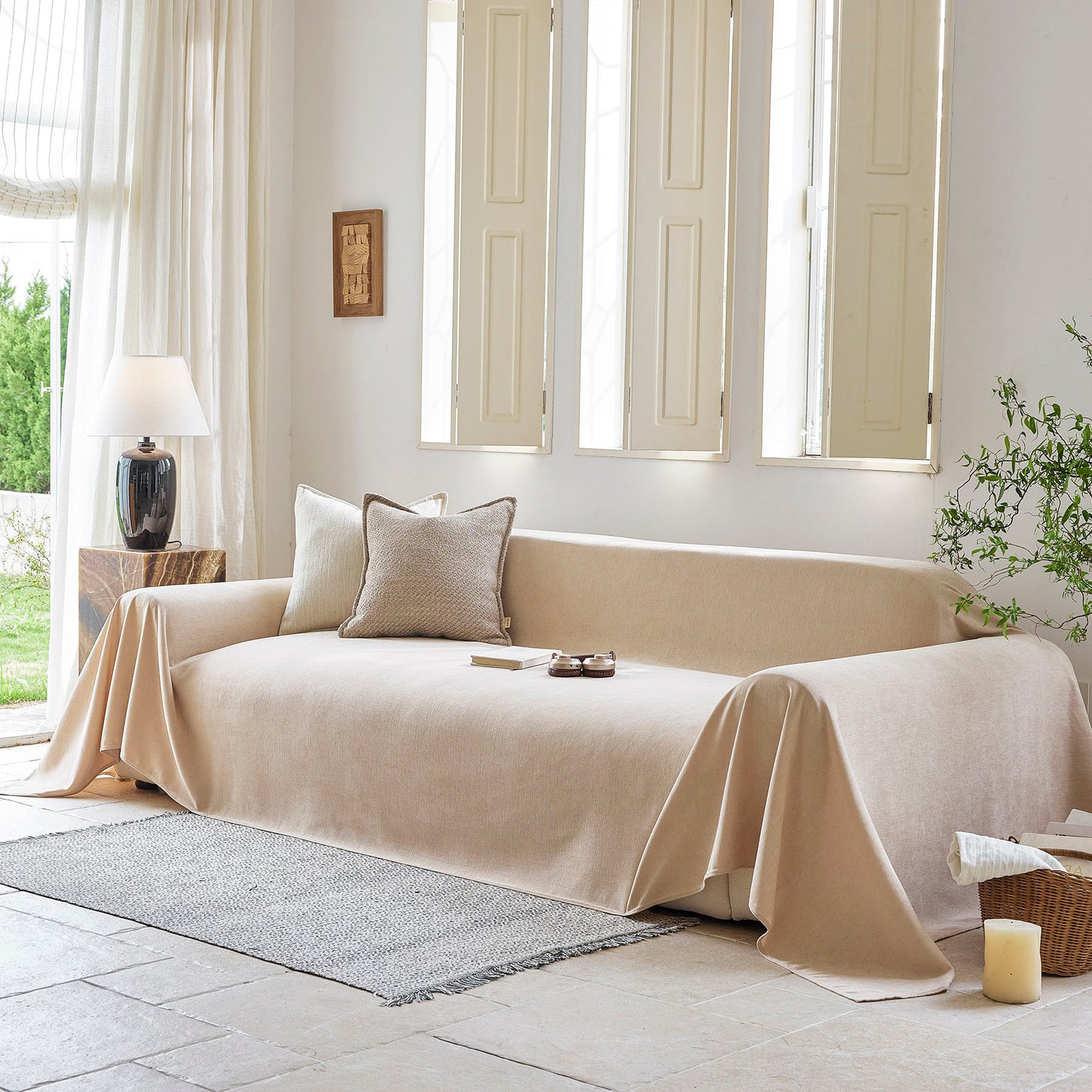Luxury Soft Chenille Sofa Cover for Couch, Solid Color Furniture Protector Throw Cover