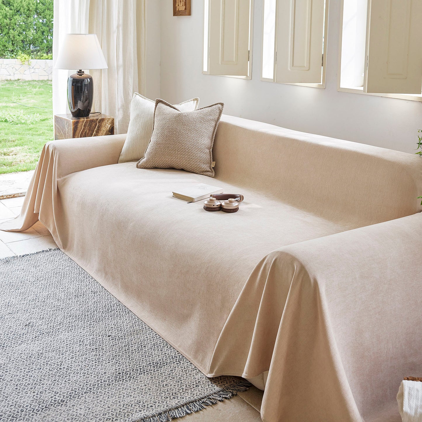 Luxury Soft Chenille Sofa Cover for Couch, Solid Color Furniture Protector Throw Cover