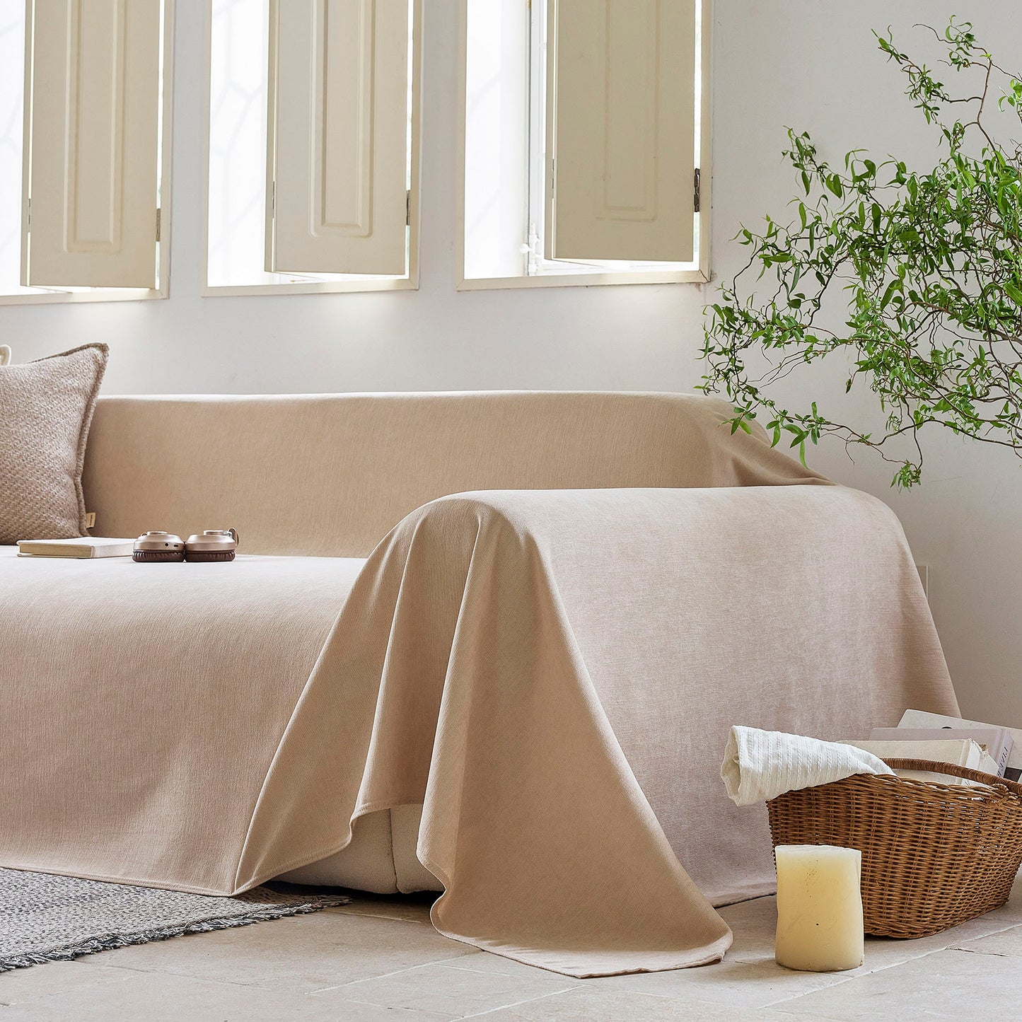 Luxury Soft Chenille Sofa Cover for Couch, Solid Color Furniture Protector Throw Cover