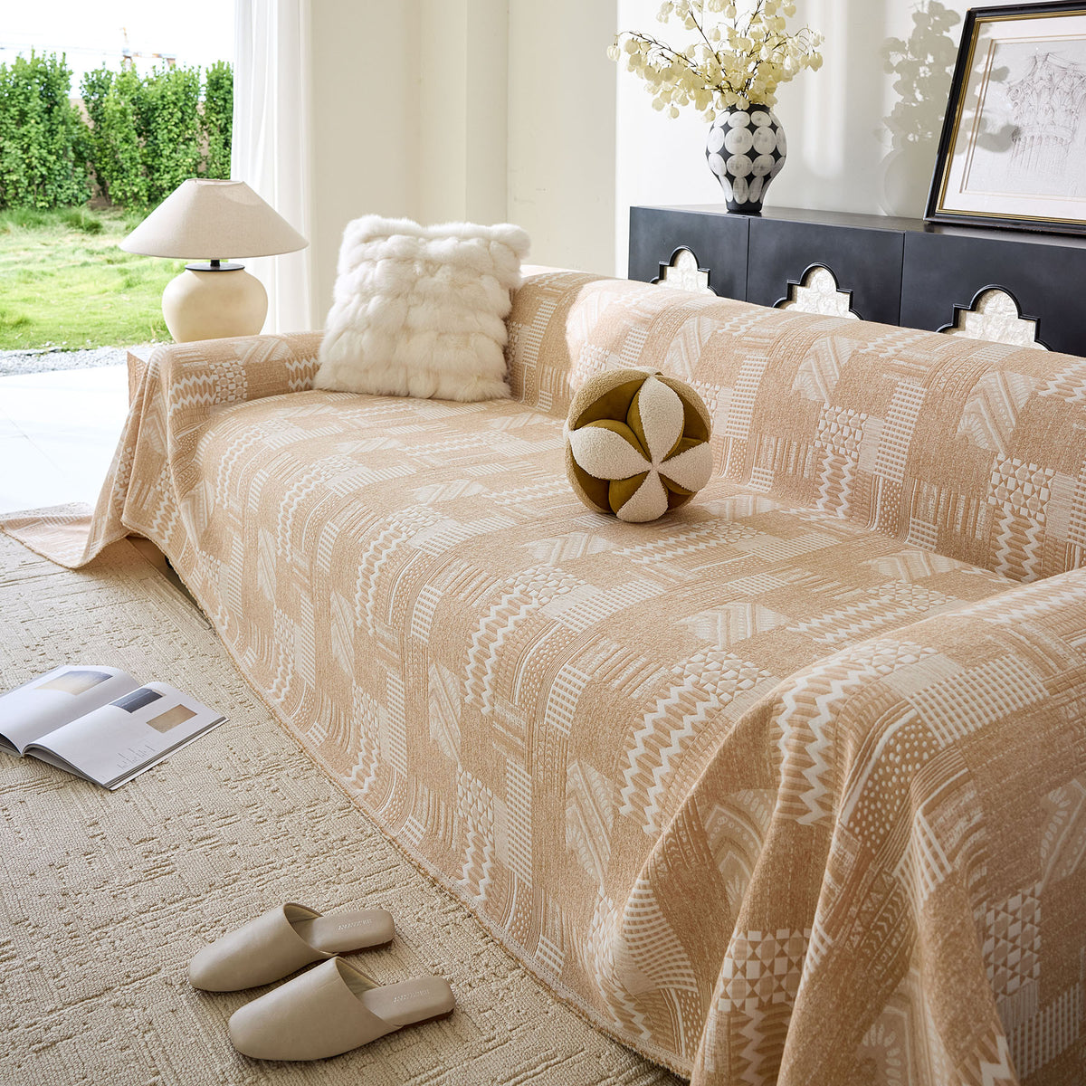 Boho Furniture Cover for Sofa, Loveseat and Chair, Geometric Jacquard Woven Sofa Cover