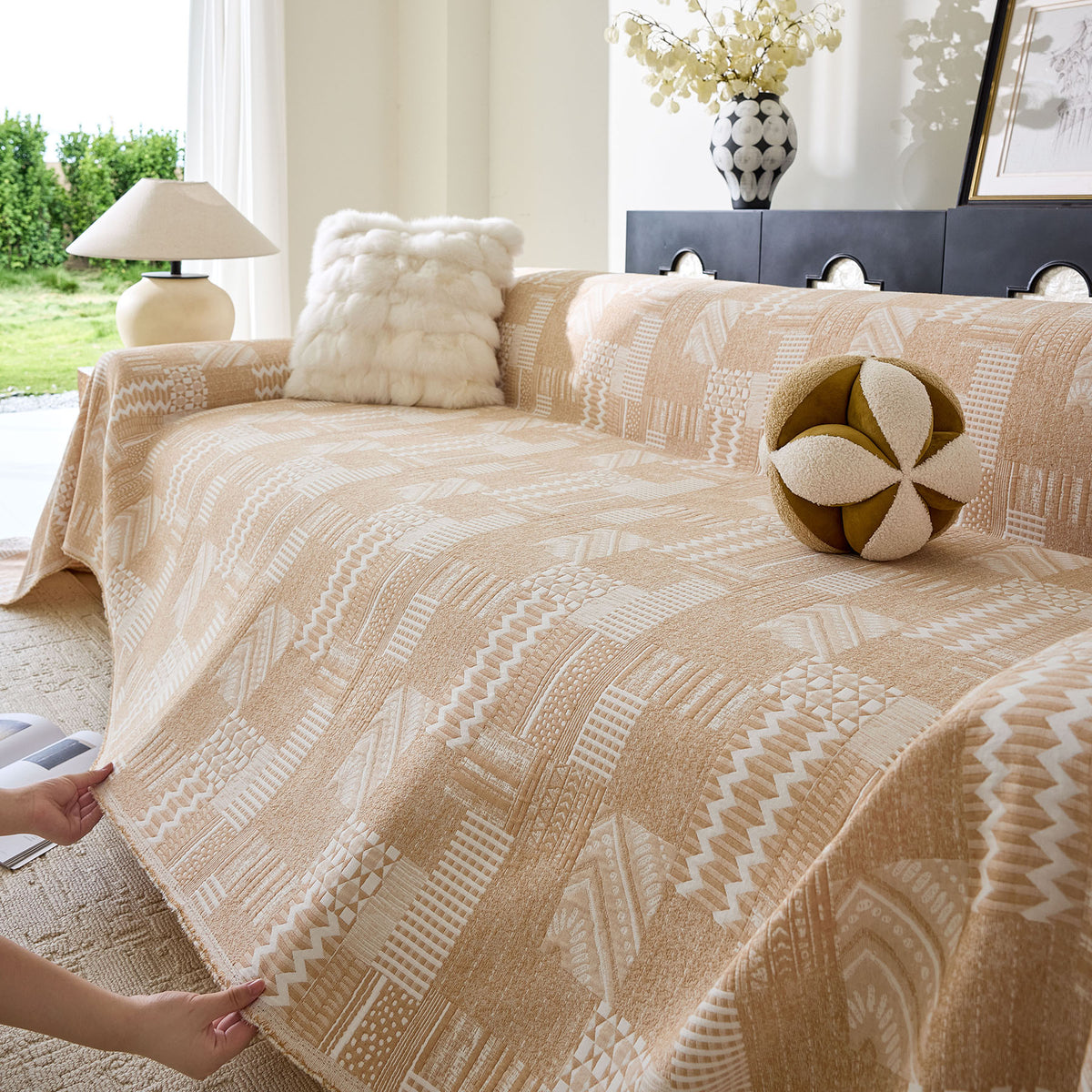 Boho Furniture Cover for Sofa, Loveseat and Chair, Geometric Jacquard Woven Sofa Cover