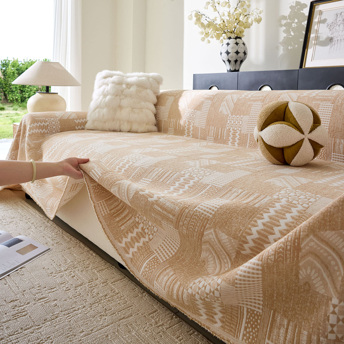 Boho Furniture Cover for Sofa, Loveseat and Chair, Geometric Jacquard Woven Sofa Cover