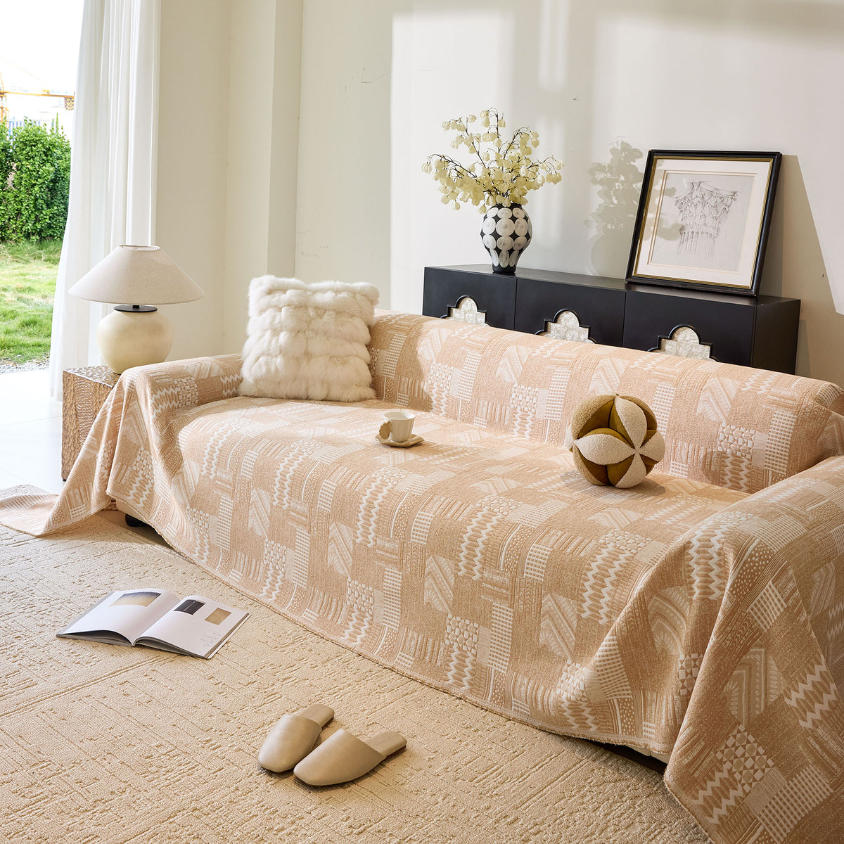Boho Furniture Cover for Sofa, Loveseat and Chair, Geometric Jacquard Woven Sofa Cover