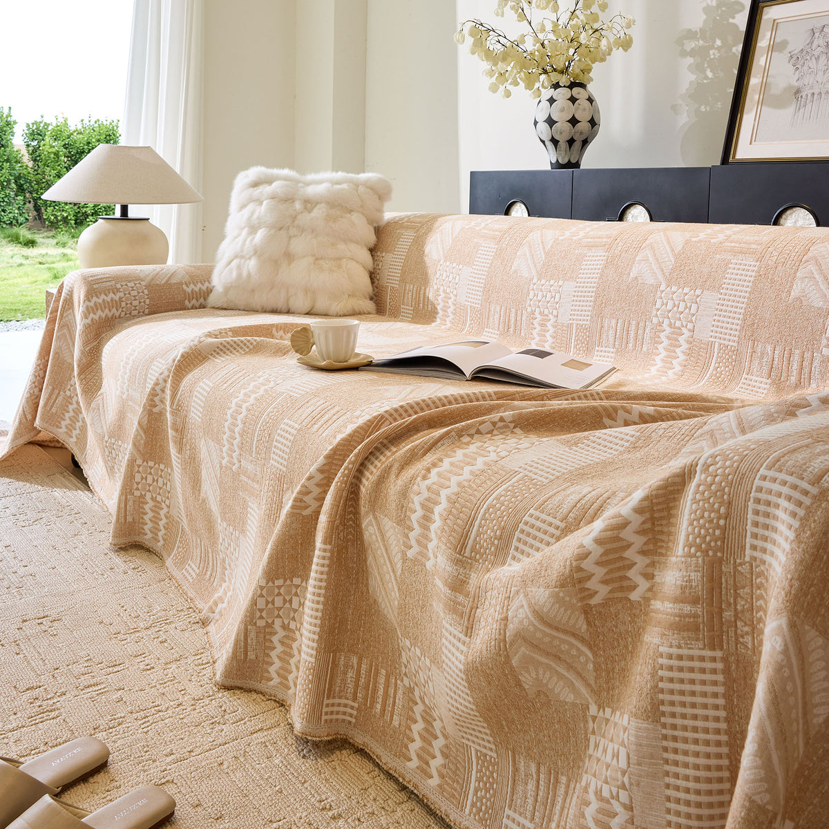 Boho Furniture Cover for Sofa, Loveseat and Chair, Geometric Jacquard Woven Sofa Cover