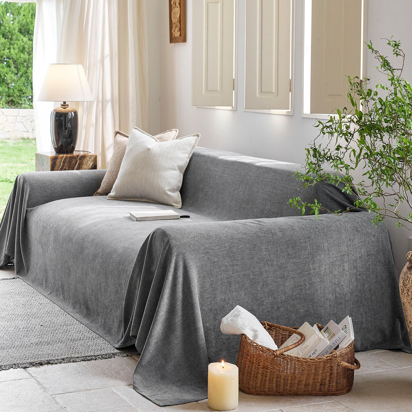 Luxury Soft Chenille Sofa Cover for Couch, Solid Color Furniture Protector Throw Cover