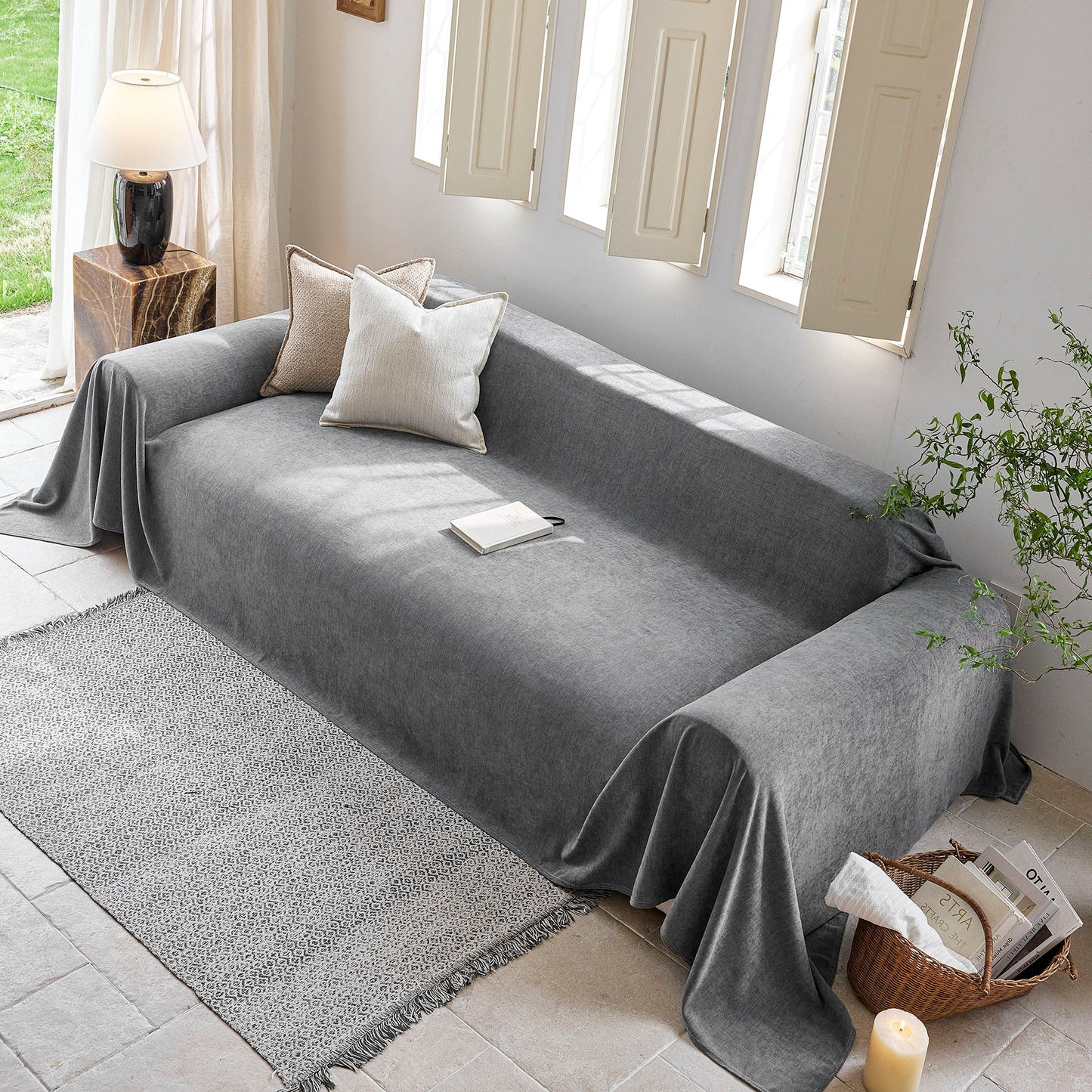 Luxury Soft Chenille Sofa Cover for Couch, Solid Color Furniture Protector Throw Cover