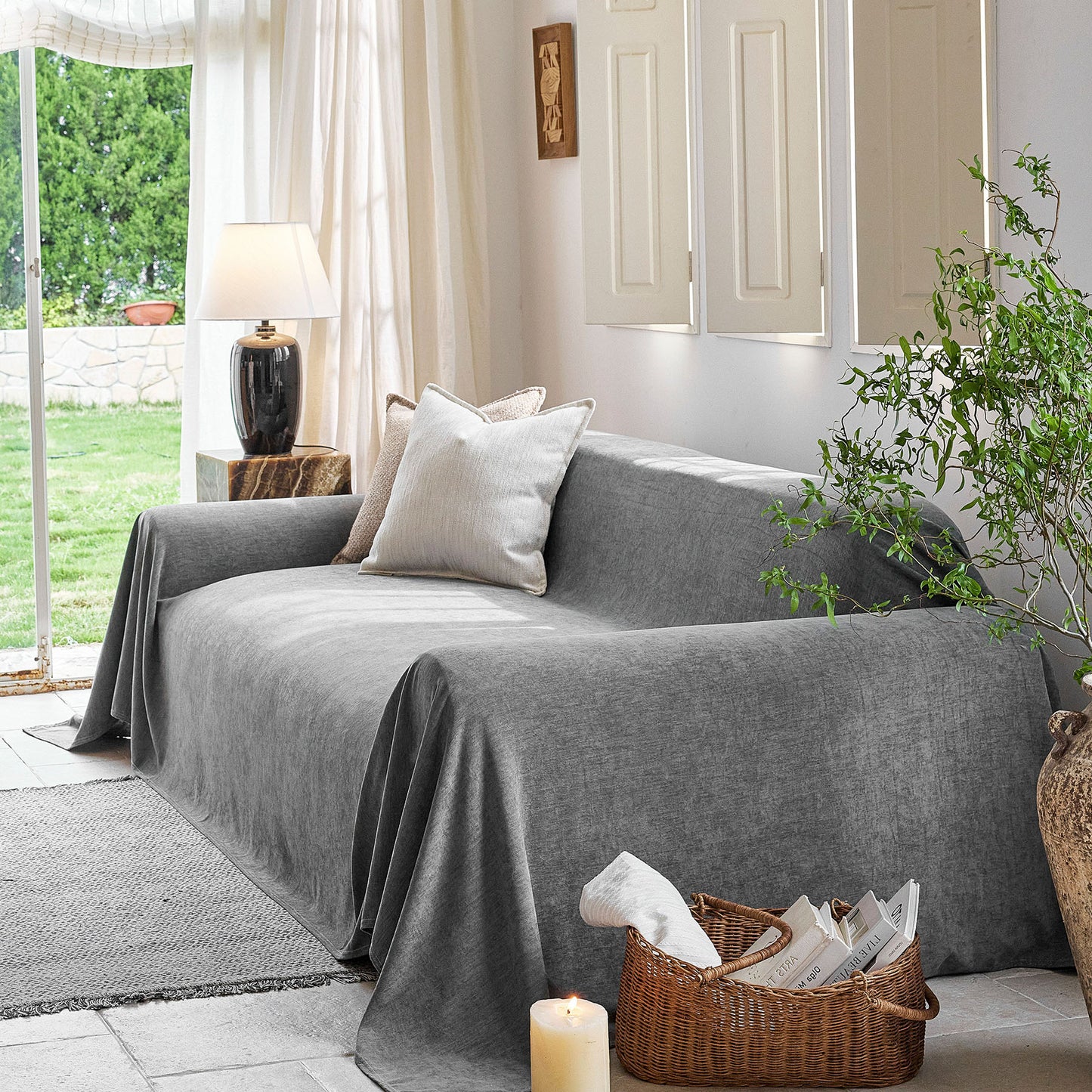 Luxury Soft Chenille Sofa Cover for Couch, Solid Color Furniture Protector Throw Cover