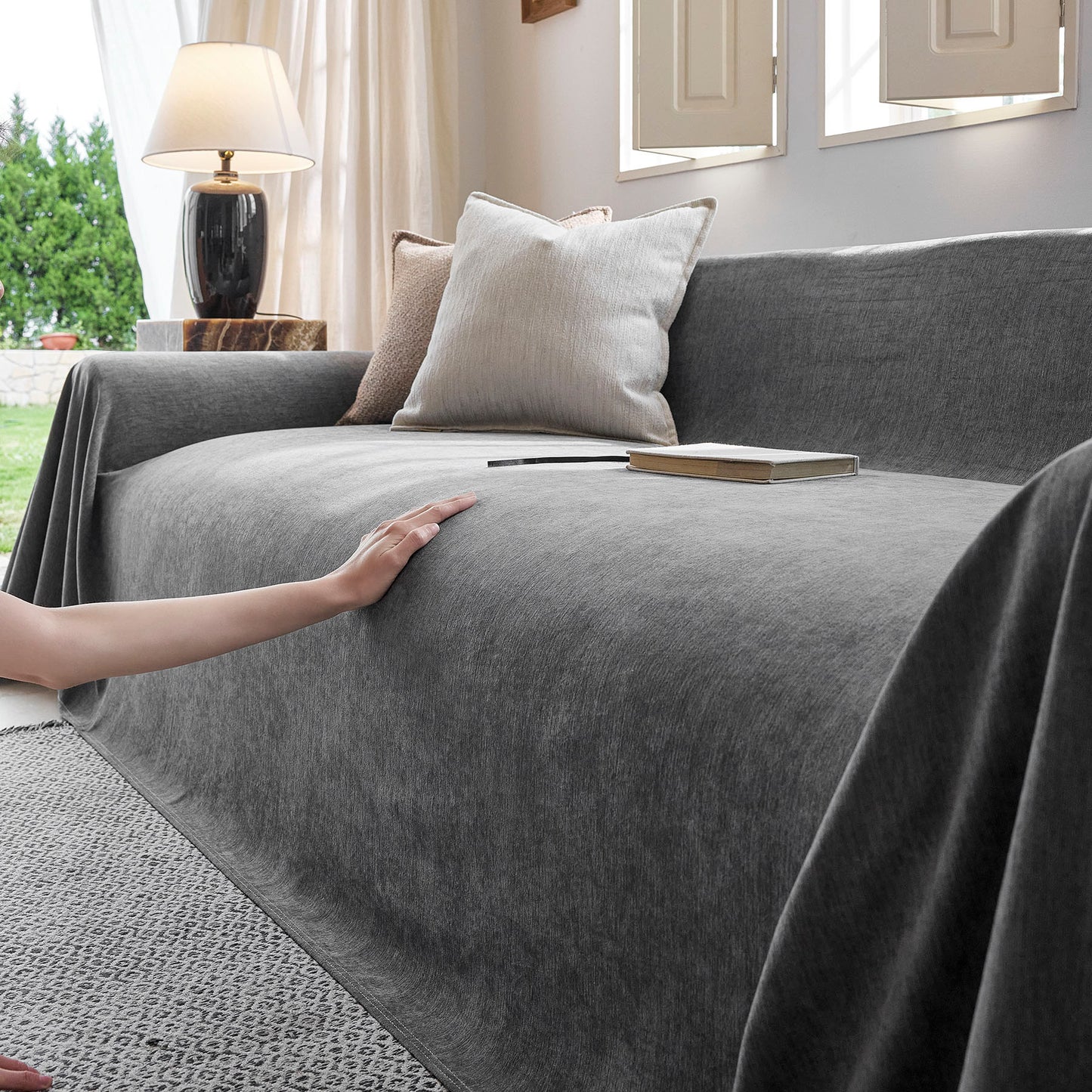 Luxury Soft Chenille Sofa Cover for Couch, Solid Color Furniture Protector Throw Cover