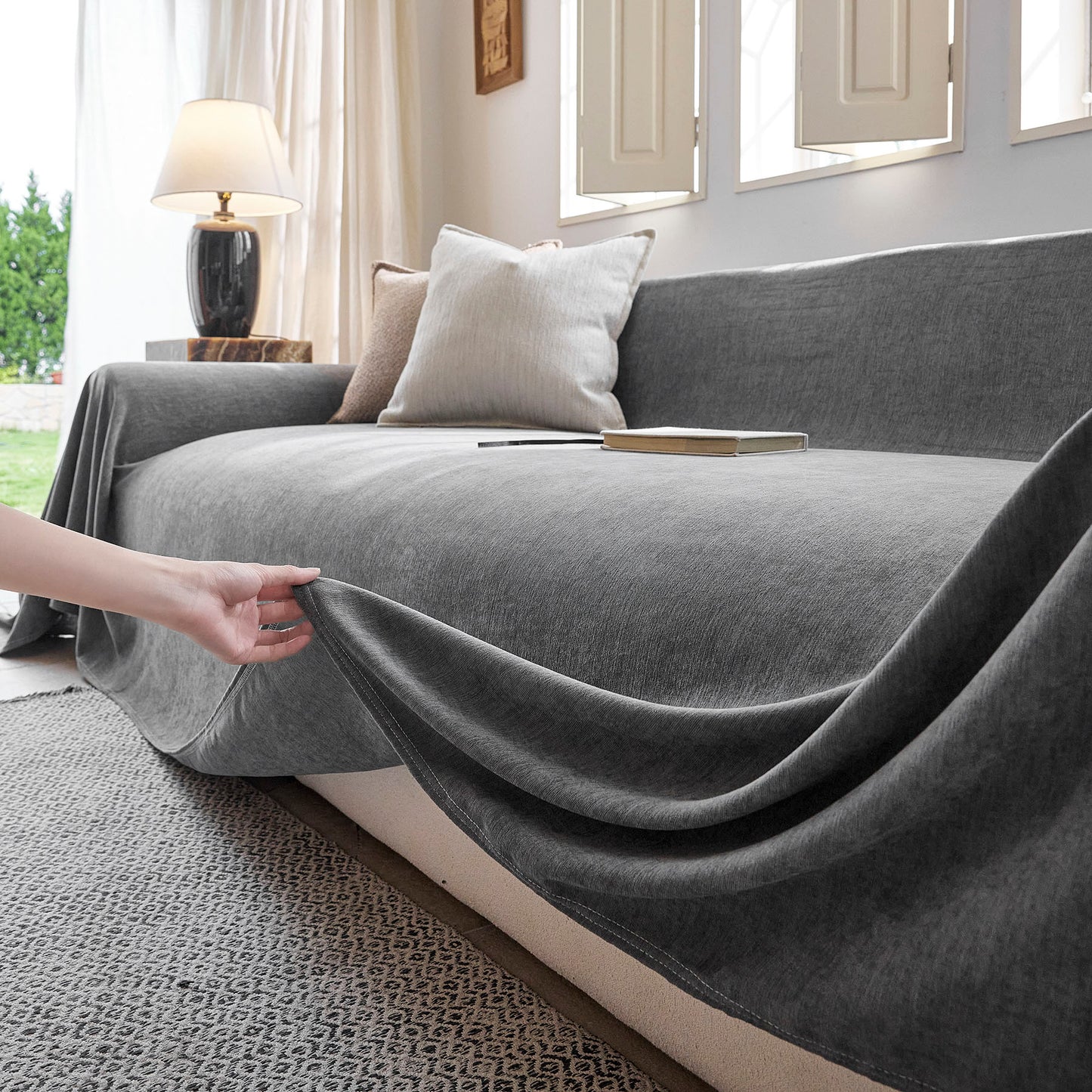 Luxury Soft Chenille Sofa Cover for Couch, Solid Color Furniture Protector Throw Cover