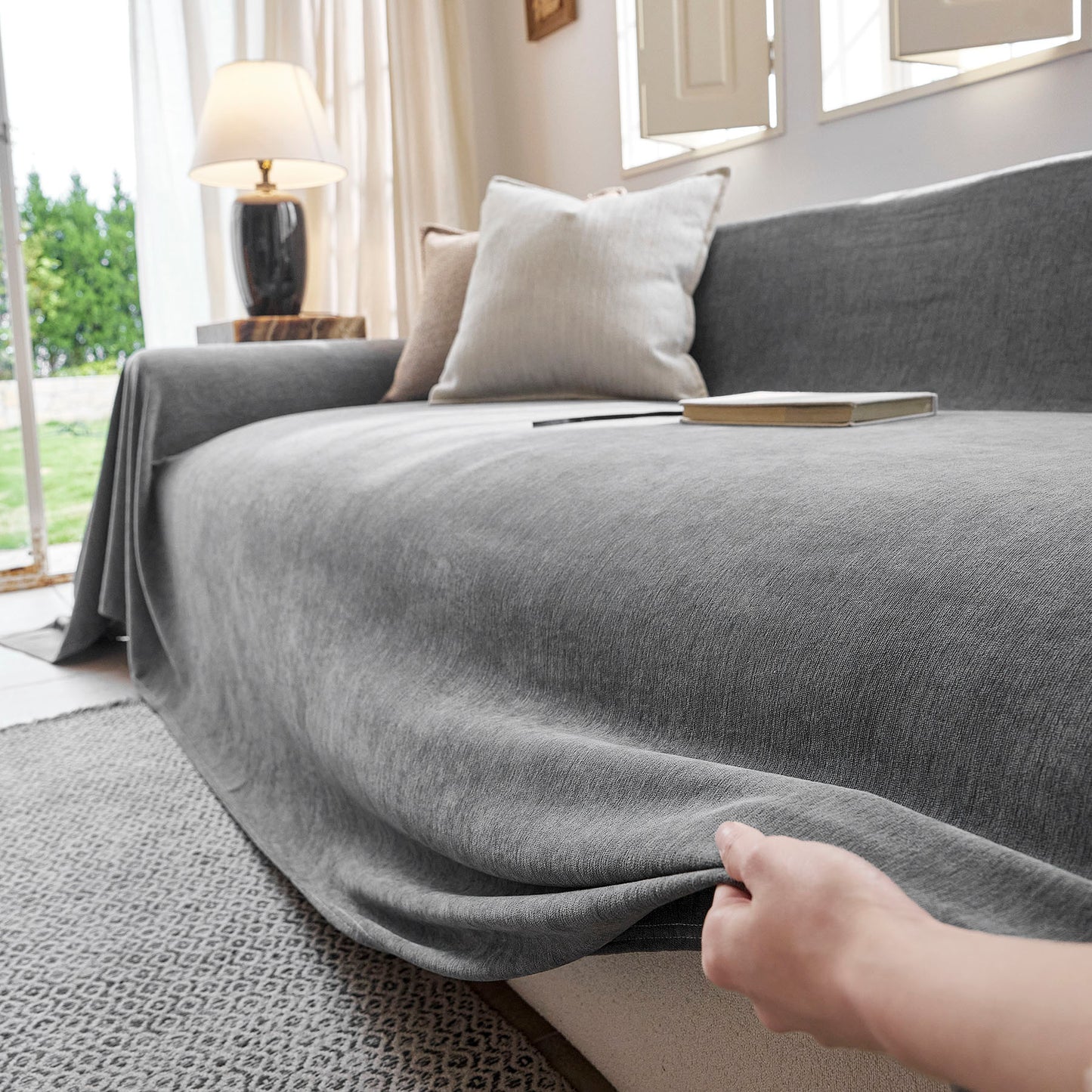 Luxury Soft Chenille Sofa Cover for Couch, Solid Color Furniture Protector Throw Cover