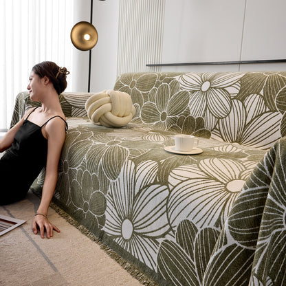 Chenille Jacquard Sofa Throw Cover with Tassels, All-Season Furniture Protector for Home and Office