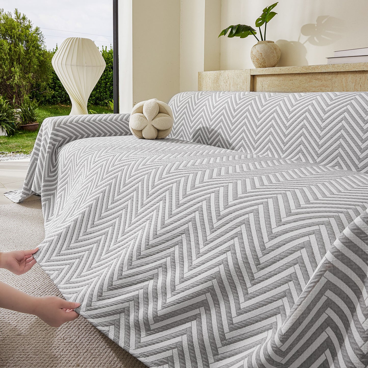 Three Layer Woven Soft Breathable Sofa Cover Blanket, Textured Chevron Couch Cover