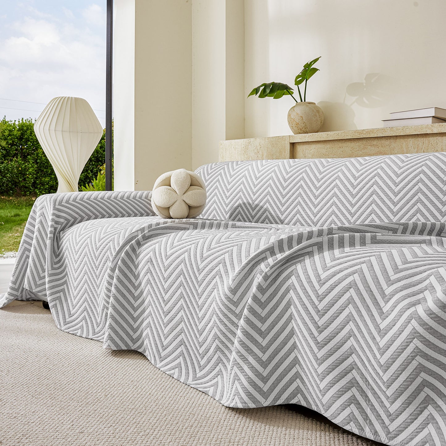 Three Layer Woven Soft Breathable Sofa Cover Blanket, Textured Chevron Couch Cover