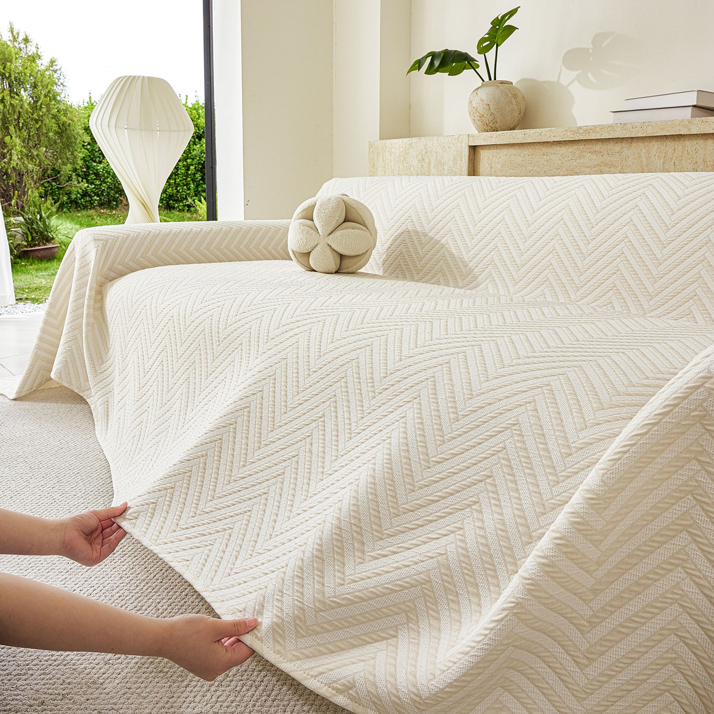 Three Layer Woven Soft Breathable Sofa Cover Blanket, Textured Chevron Couch Cover