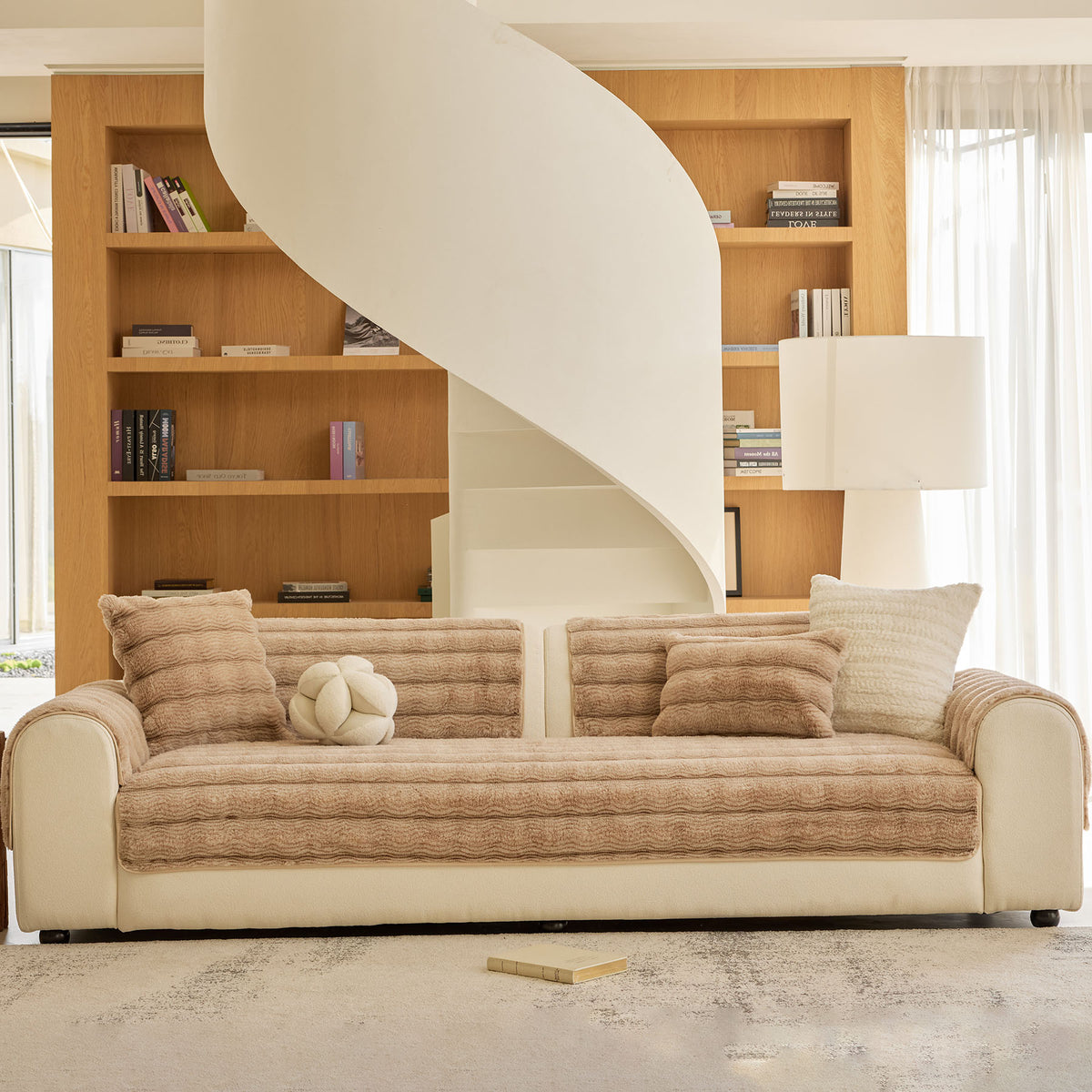 Plush Faux Rabbit Fur Sofa Cover, Warm Non-Slip Couch Protector for Leather Sofas