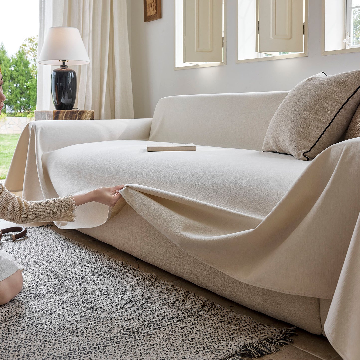 Luxury Soft Chenille Sofa Cover for Couch, Solid Color Furniture Protector Throw Cover