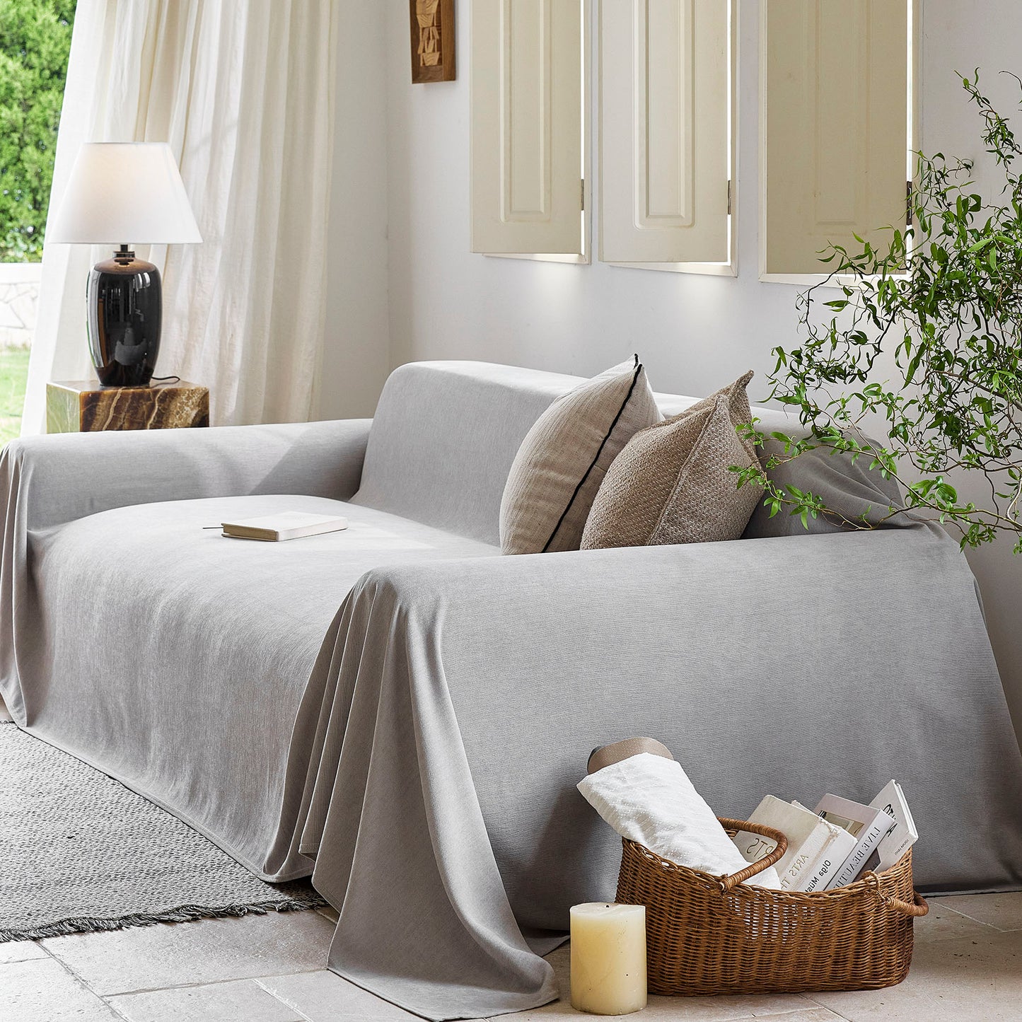 Luxury Soft Chenille Sofa Cover for Couch, Solid Color Furniture Protector Throw Cover