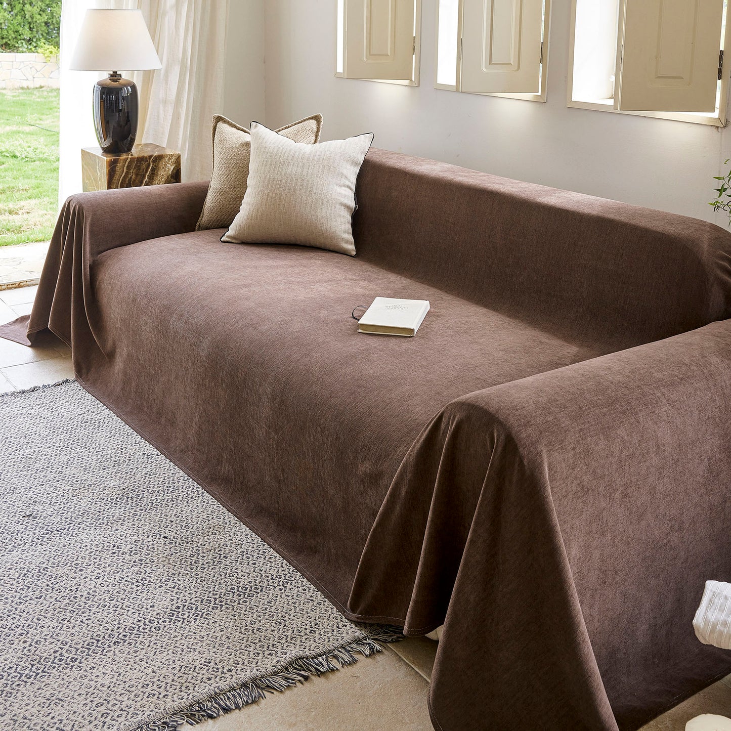 Luxury Soft Chenille Sofa Cover for Couch, Solid Color Furniture Protector Throw Cover