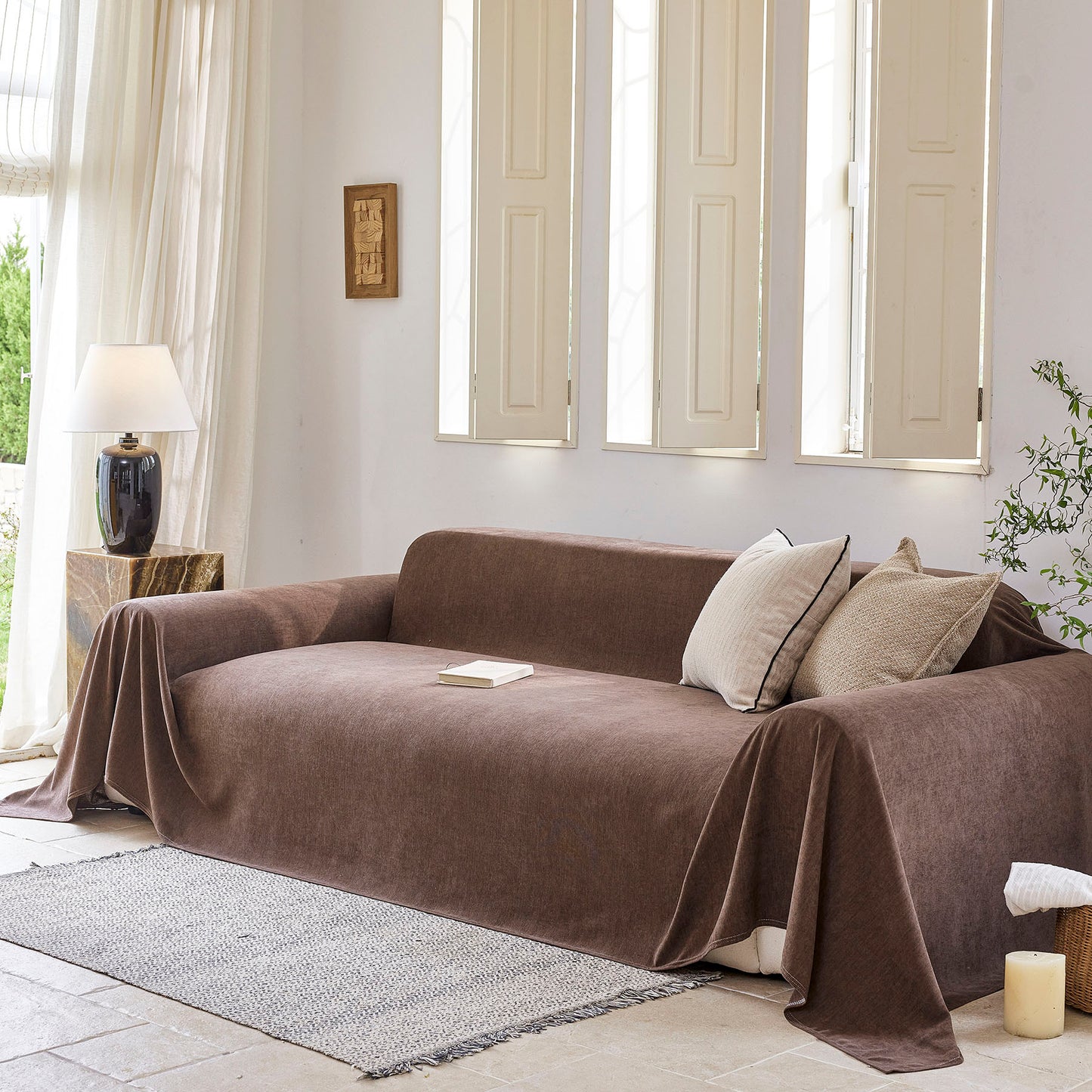 Luxury Soft Chenille Sofa Cover for Couch, Solid Color Furniture Protector Throw Cover