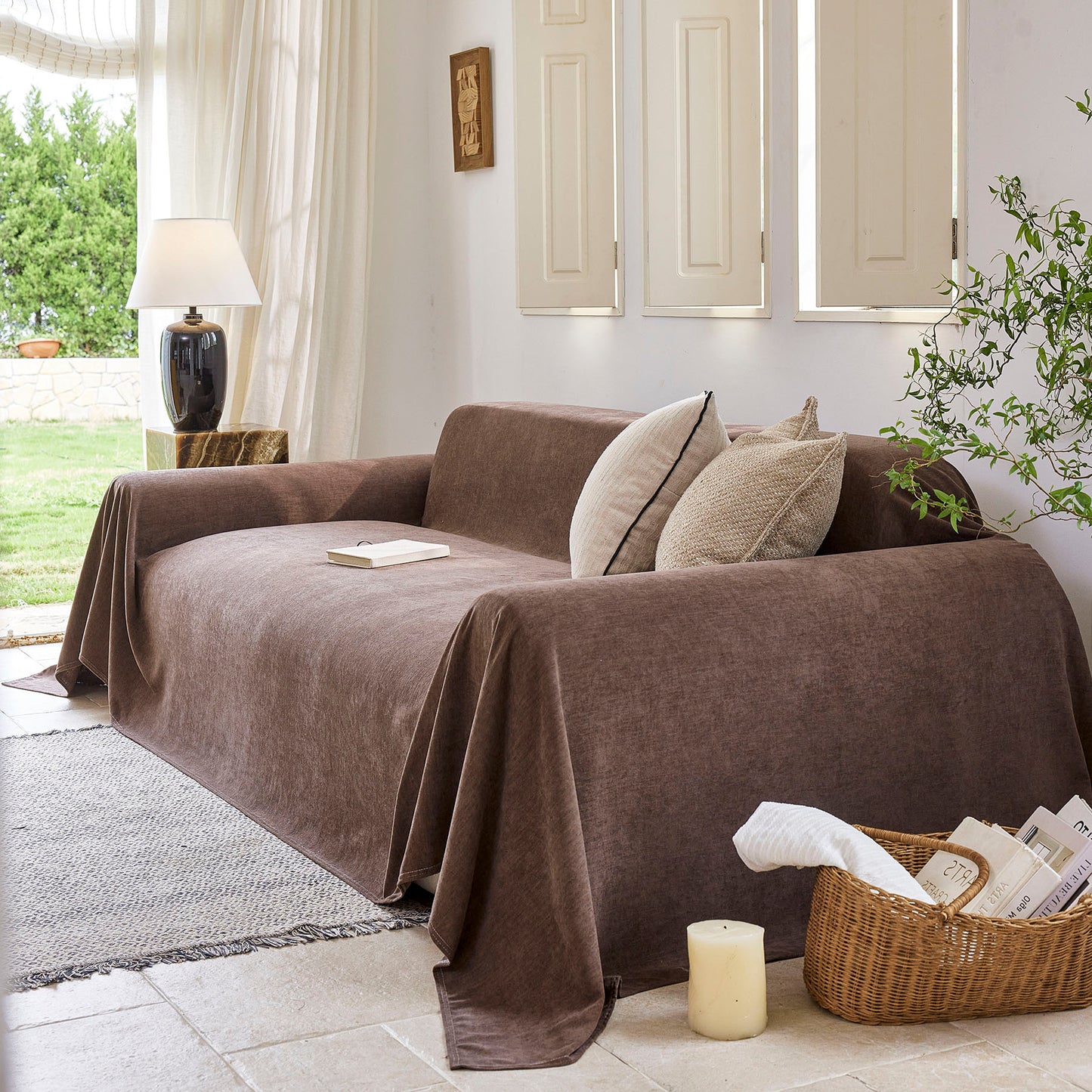 Luxury Soft Chenille Sofa Cover for Couch, Solid Color Furniture Protector Throw Cover
