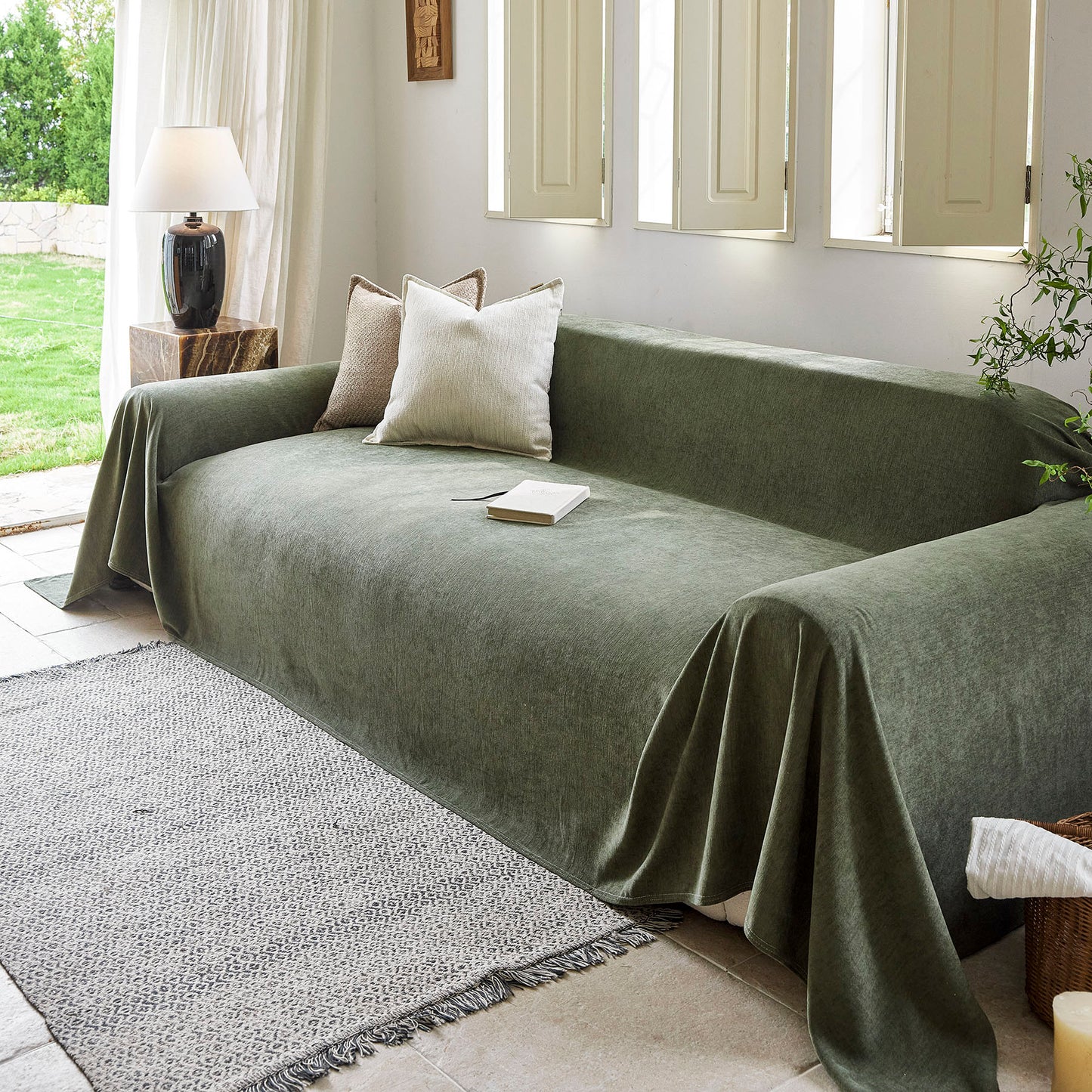 Luxury Soft Chenille Sofa Cover for Couch, Solid Color Furniture Protector Throw Cover