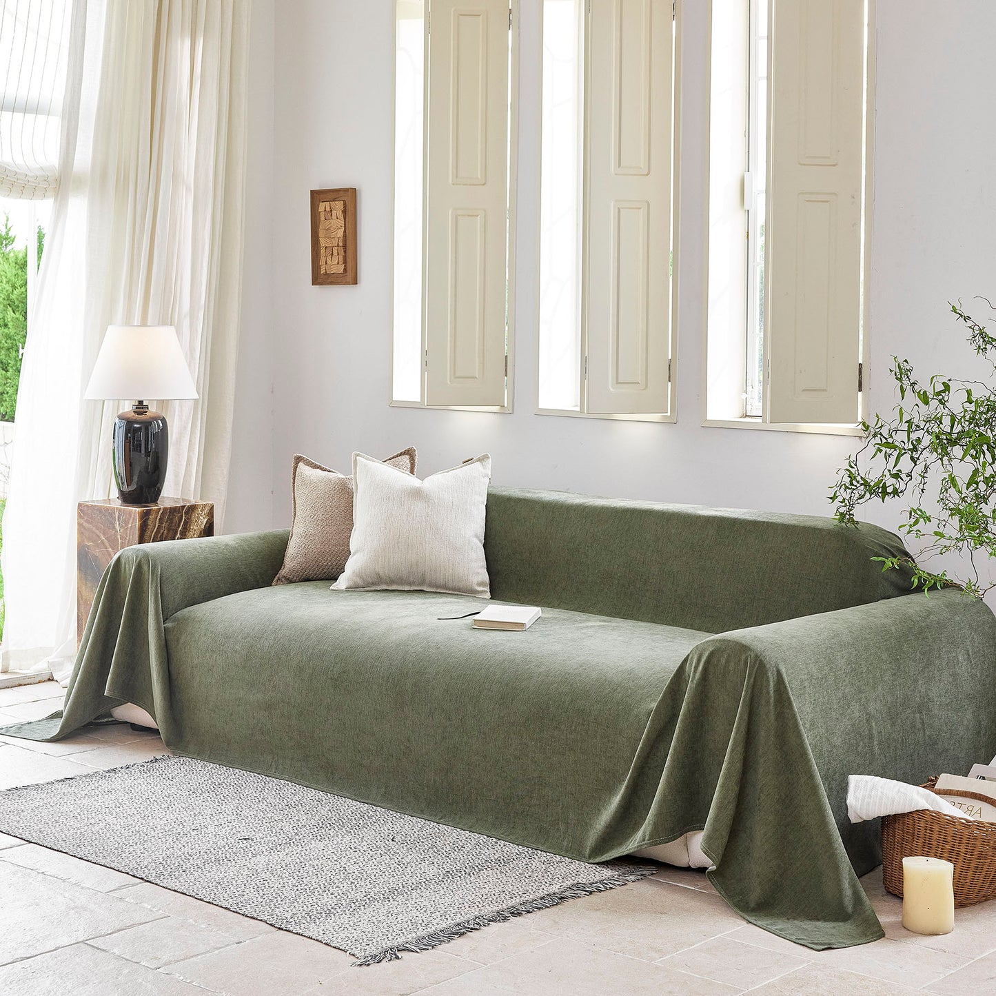 Luxury Soft Chenille Sofa Cover for Couch, Solid Color Furniture Protector Throw Cover