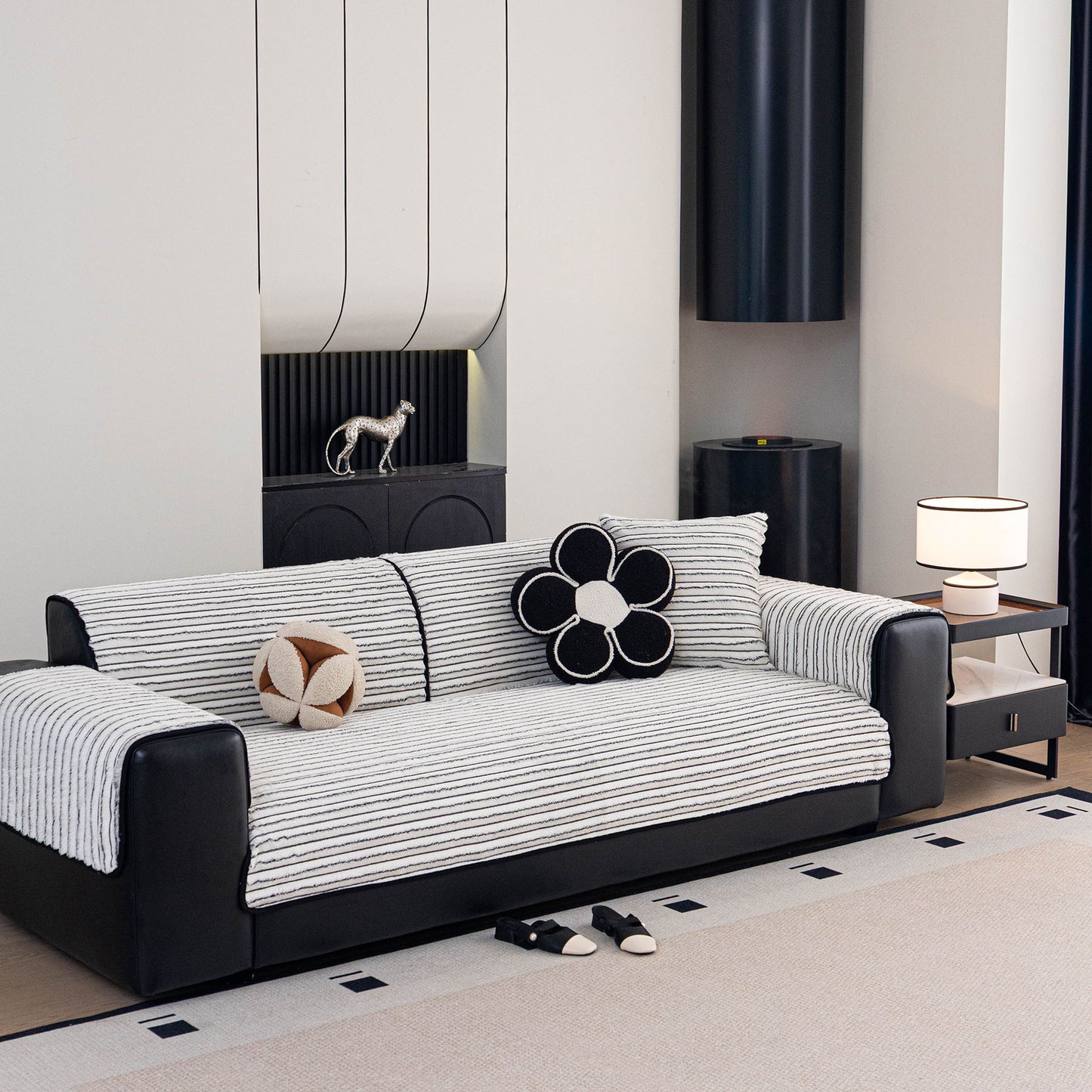 Plush Striped Couch Seat and Backrest Cover, Non-Slip Individual Sofa Protector