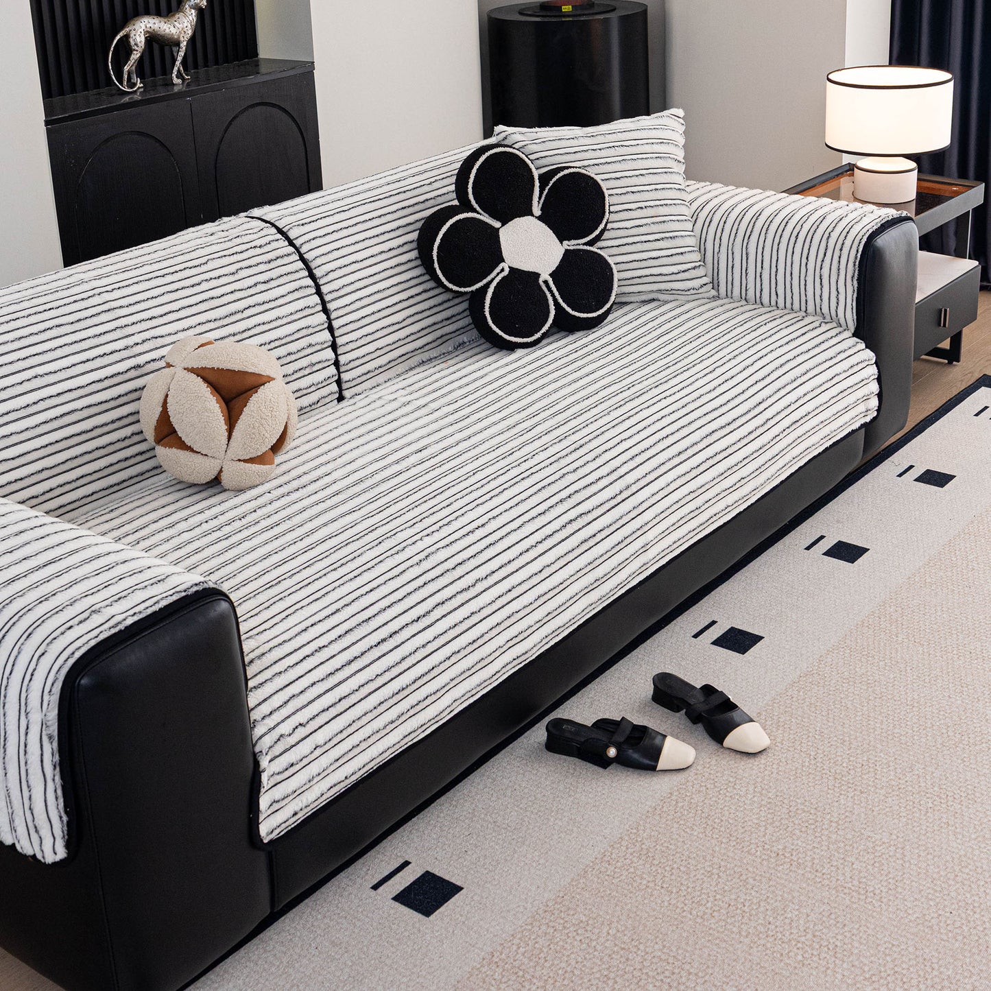 Plush Striped Couch Seat and Backrest Cover, Non-Slip Individual Sofa Protector
