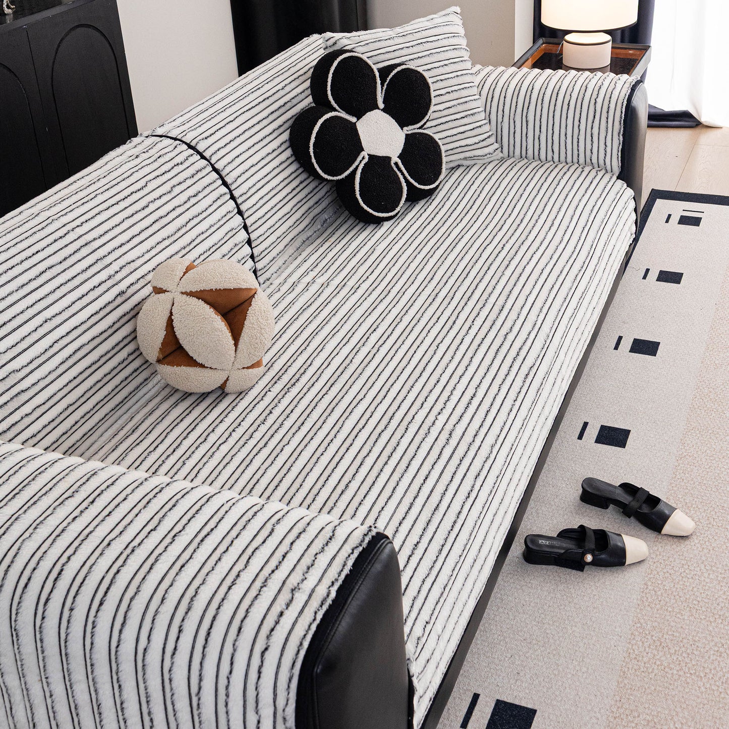 Plush Striped Couch Seat and Backrest Cover, Non-Slip Individual Sofa Protector