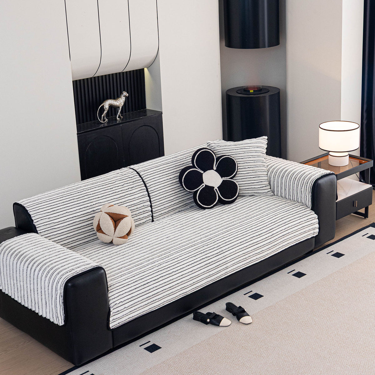 Plush Striped Couch Seat and Backrest Cover, Non-Slip Individual Sofa Protector
