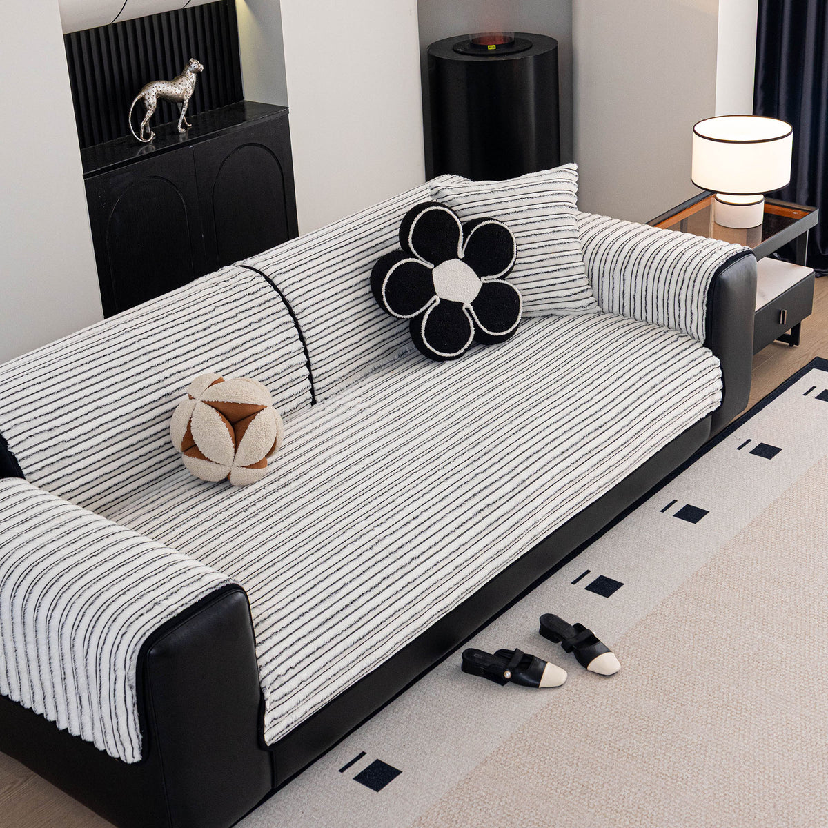Plush Striped Couch Seat and Backrest Cover, Non-Slip Individual Sofa Protector