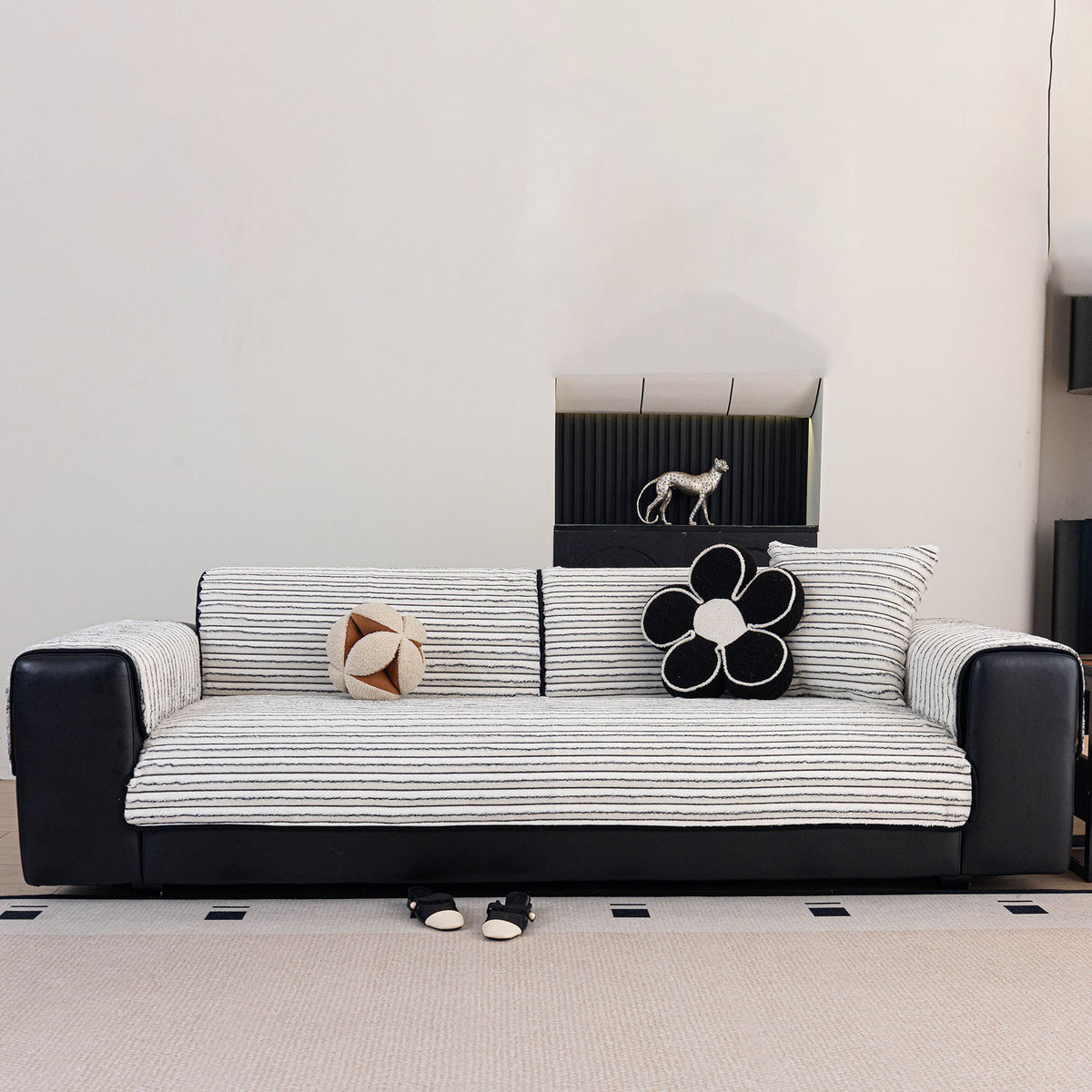 Plush Striped Couch Seat and Backrest Cover, Non-Slip Individual Sofa Protector