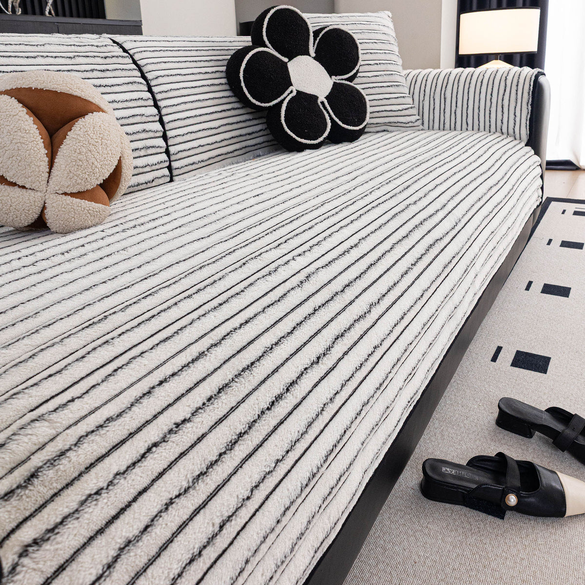 Plush Striped Couch Seat and Backrest Cover, Non-Slip Individual Sofa Protector