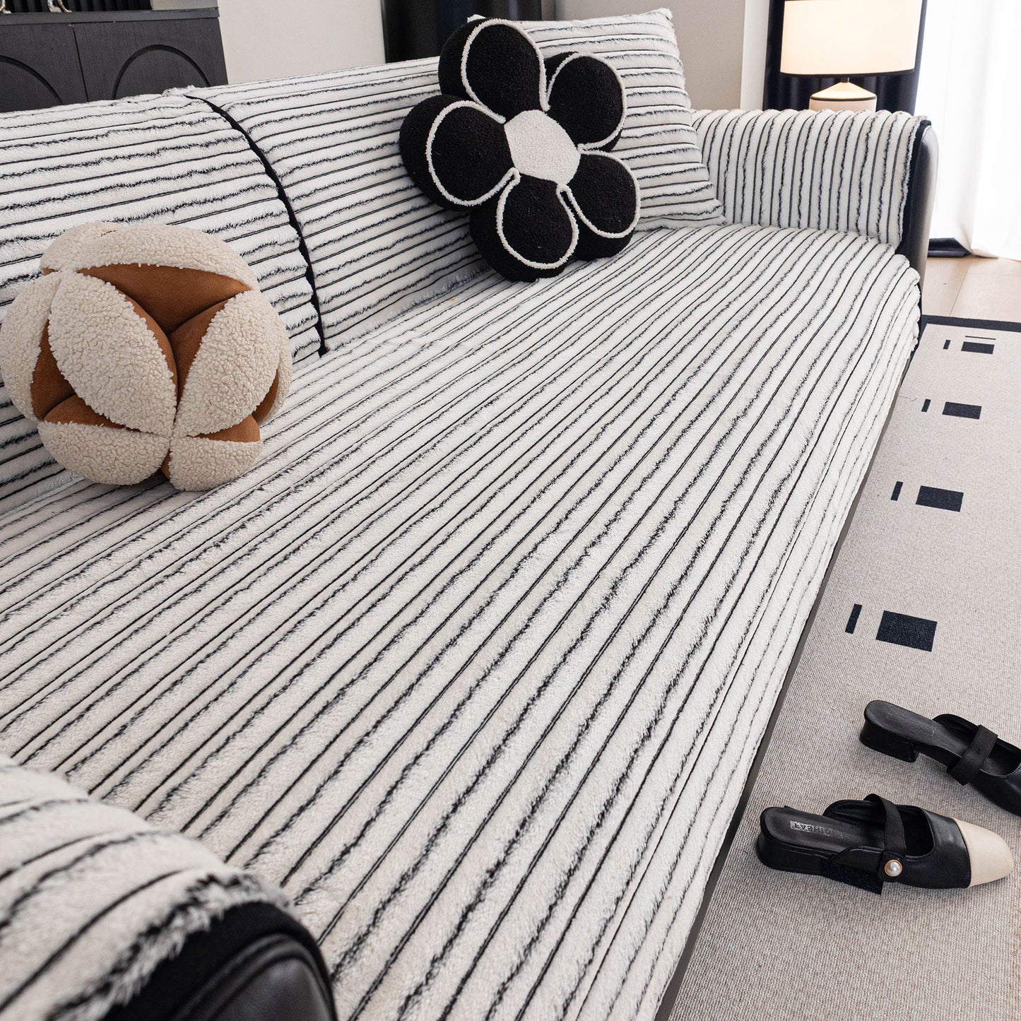 Plush Striped Couch Seat and Backrest Cover, Non-Slip Individual Sofa Protector