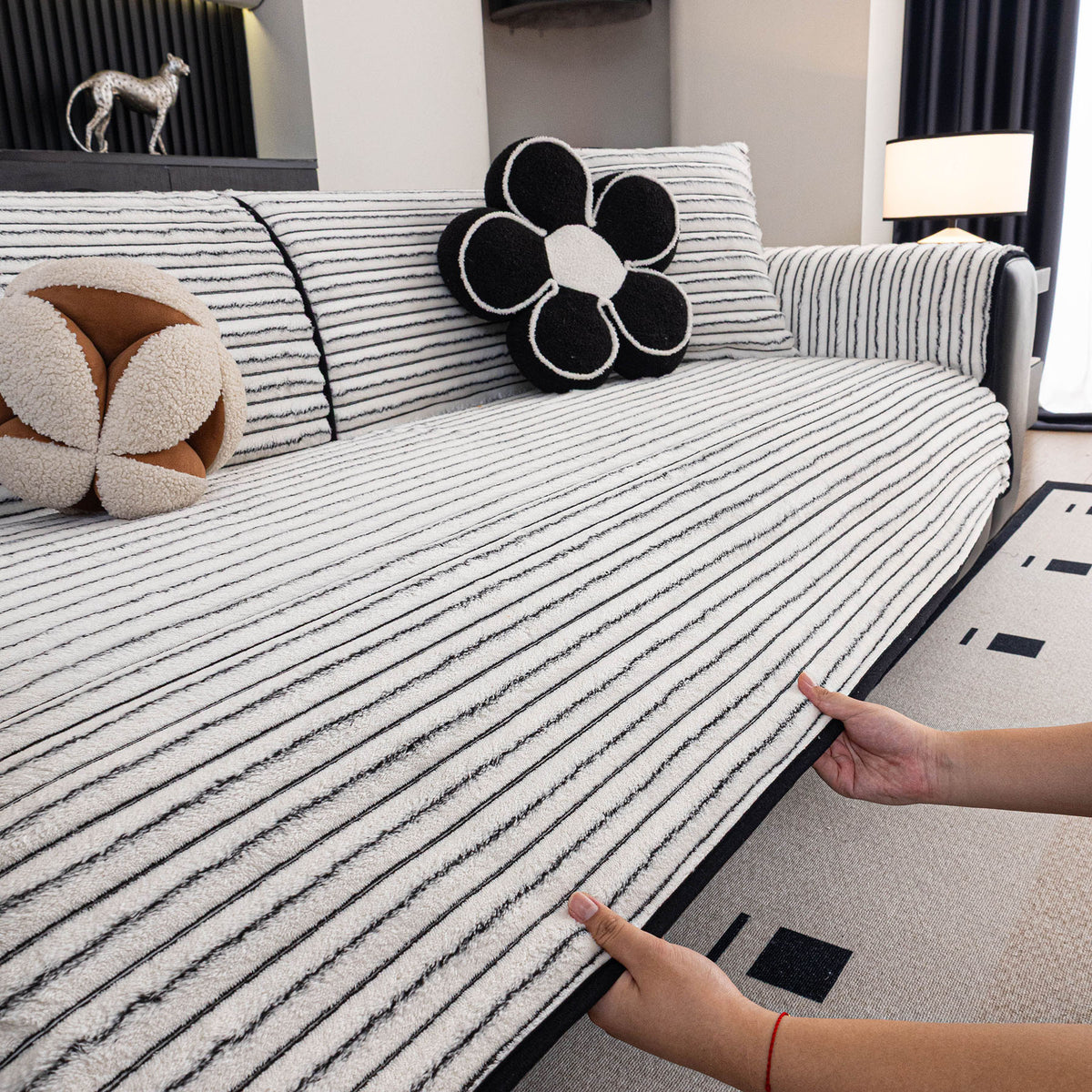 Plush Striped Couch Seat and Backrest Cover, Non-Slip Individual Sofa Protector