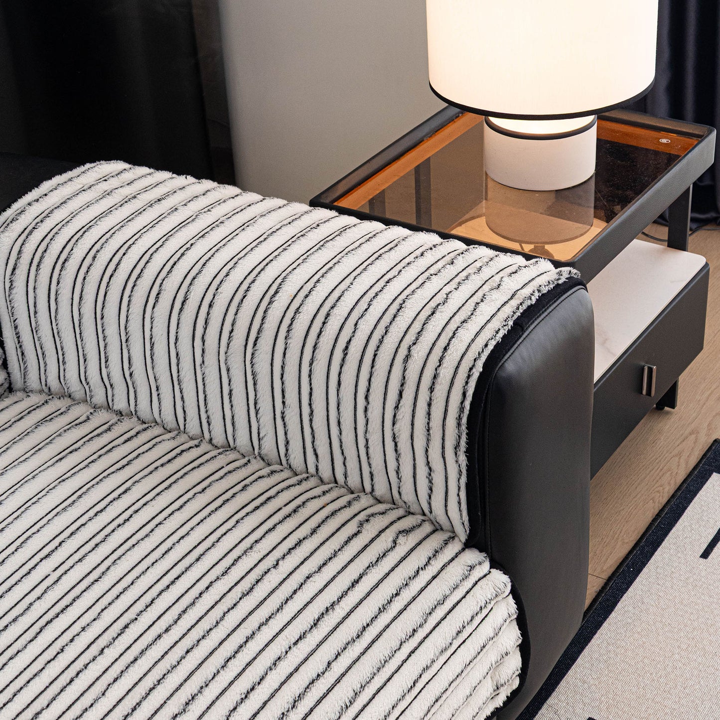 Plush Striped Couch Seat and Backrest Cover, Non-Slip Individual Sofa Protector
